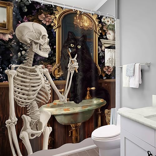 Miniatura 4 de Cortina de ducha gótica de calavera de gato negro, 60 pulgadas de ancho x 72 pulgadas de alto, divertido esqueleto espeluznante, gatito, floral,