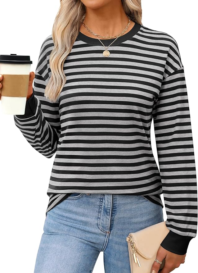 ANRABESS Long Sleeve Shirts for Women Striped Crewneck Loose Fit Tunic Tops 2025 Fall Color Block T-Shirt