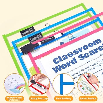 GAMENOTE 30 Pack Dry Erase Pockets, 10x14 Reusable Sleeves, 10 Colors
