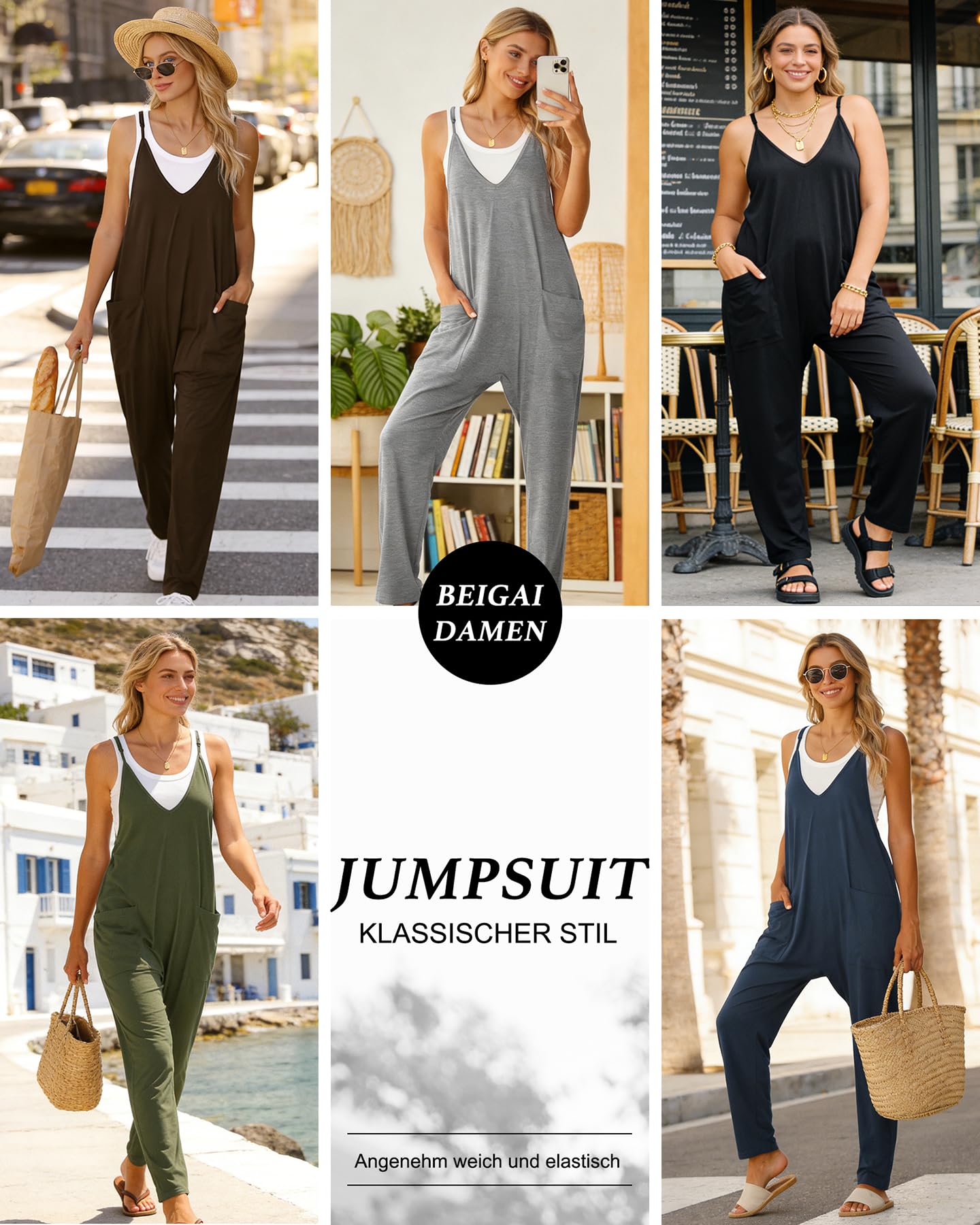 BEIGAI Salopette da donna, pantaloni da lavoro, estivi, senza maniche, con scollo a V, spalline e grandi tasche, elegante, comodo, casual, per il tempo libero