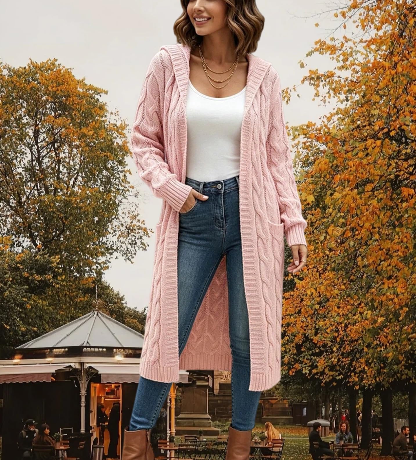 Gilet Long À Capuche pour Femme Manches Longues Grosse Maille Ouvert sur Le Devant Pull Décontracté Veste Unie Idéale pour La Mi Saison Automne Hiver et Le Quotidien.