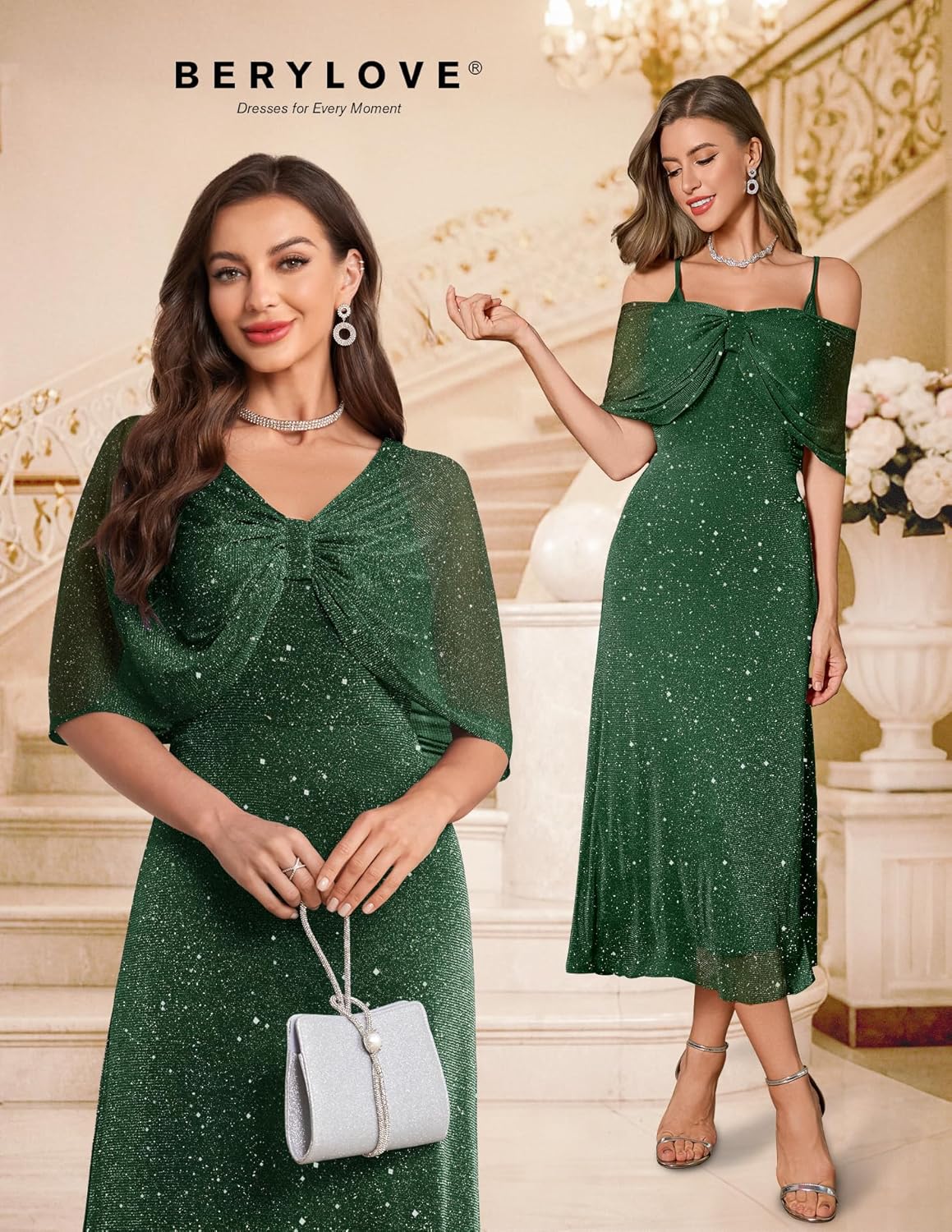 BeryLove Sequin Formal Mother of The Bride Dress Cocktail Evening Wedding Dresses with Shawl