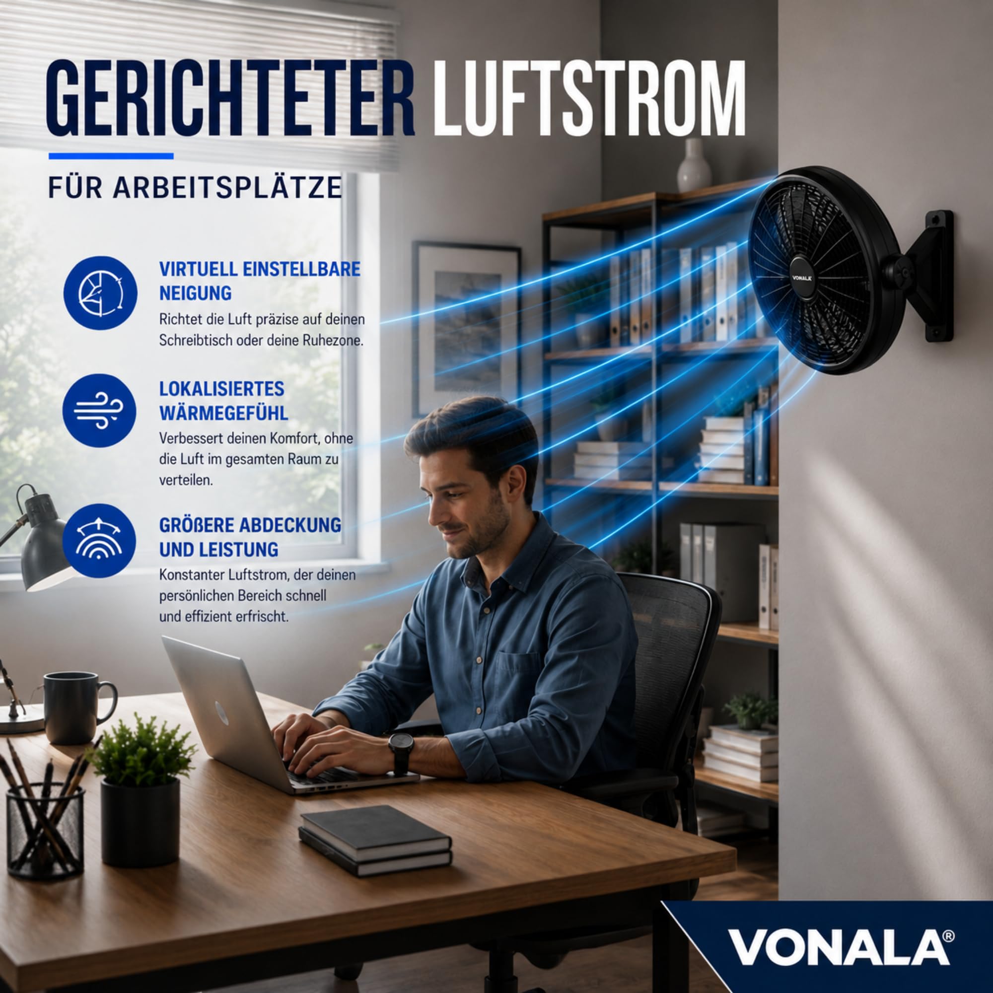 Vonala Industrieller Boden- und Wandventilator, leistungsstark, 50 cm, leise, ABS, vibrationsfrei, für den Außen- und Innenbereich, schwarz, leistungsstark, leise, 73 Watt