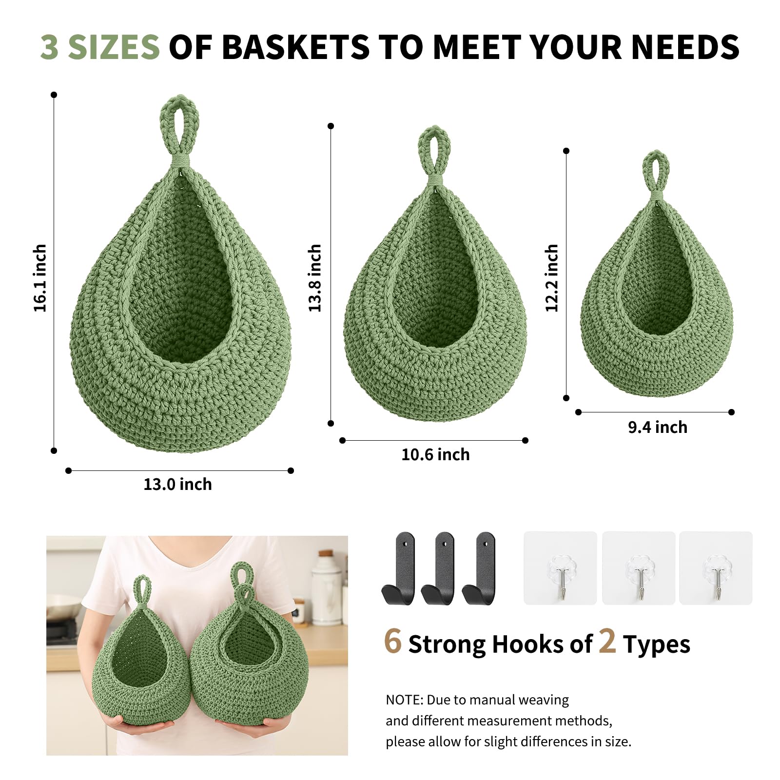 Set Di 3 Cestini Appesi In Iuta Bohémien Per Cucina, Con 6 Ganci, Per Frutta E Verdura, Intrecciati A Mano, Dimensioni L/35x28cm, M/32x24cm, S/28x21cm