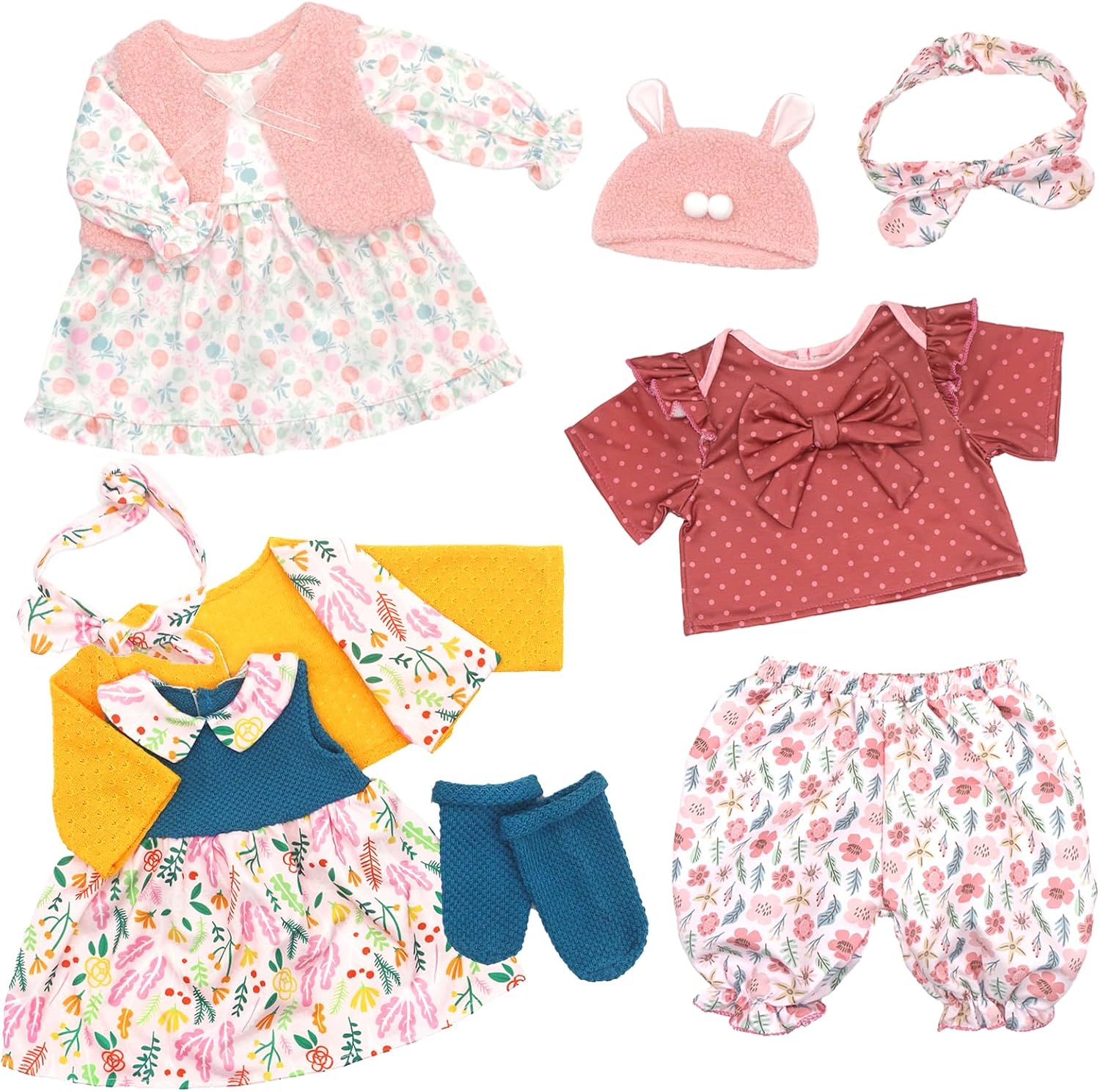3 Sets Doll Clothes for 20-22 Inch Dolls, with Coat Floral Dress Headband Socks Bow Top and Pants, Doll Outfit Accessories Gift