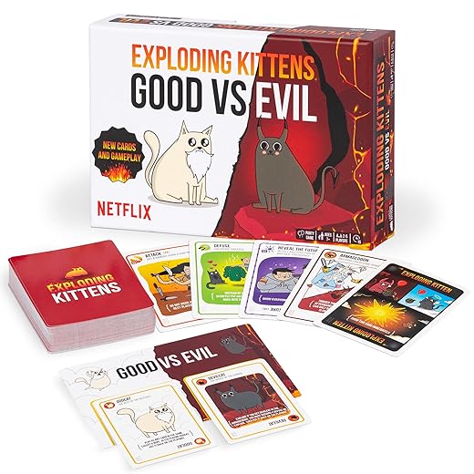 Exploding Kittens Good vs. Evil - 55 carte ispirate alla serie Netflix, Elevate with New Characters, divertenti giochi di carte per adulti e bambini, facili da imparare, dai 7 anni in su