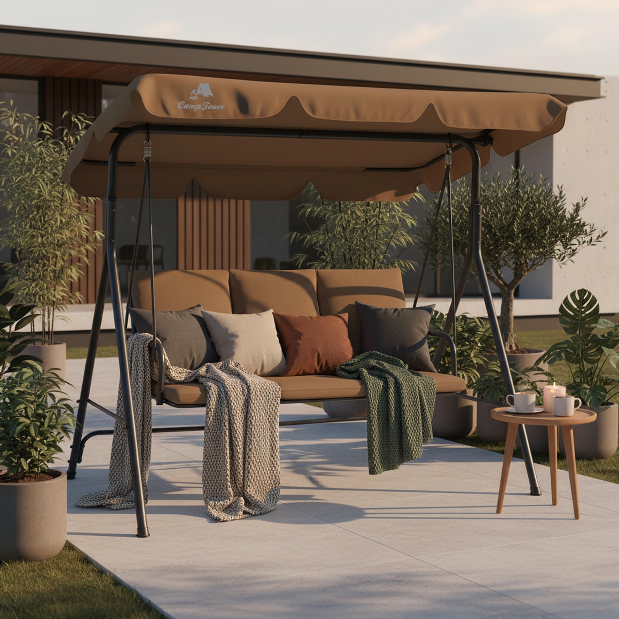 Columpio Hollywood de 3 plazas con toldo | Marrón | soporta hasta 250 kg | Tumbona balanceante, Banco columpio para exteriores | Columpio de jardín, Silla columpio | Columpio suave, Columpio