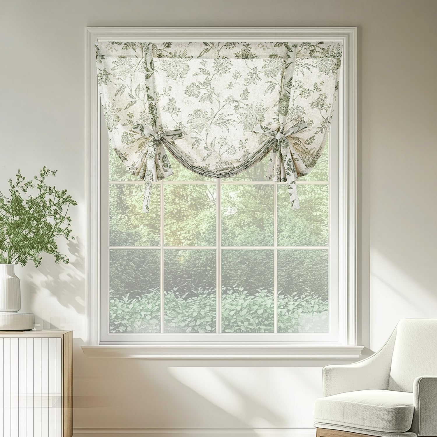 jinchan Linen Floral Tie up Shade Valance Curtains for Windows 45 Inch Farmhouse Valance Adjustable Country Tropical Small Curtain Drape Laundry Bathroom Living Room Rod Pocket 1 Panel Sage Green 42"W x 45"L (Pack of 1) Jacobean | Sage on Beige