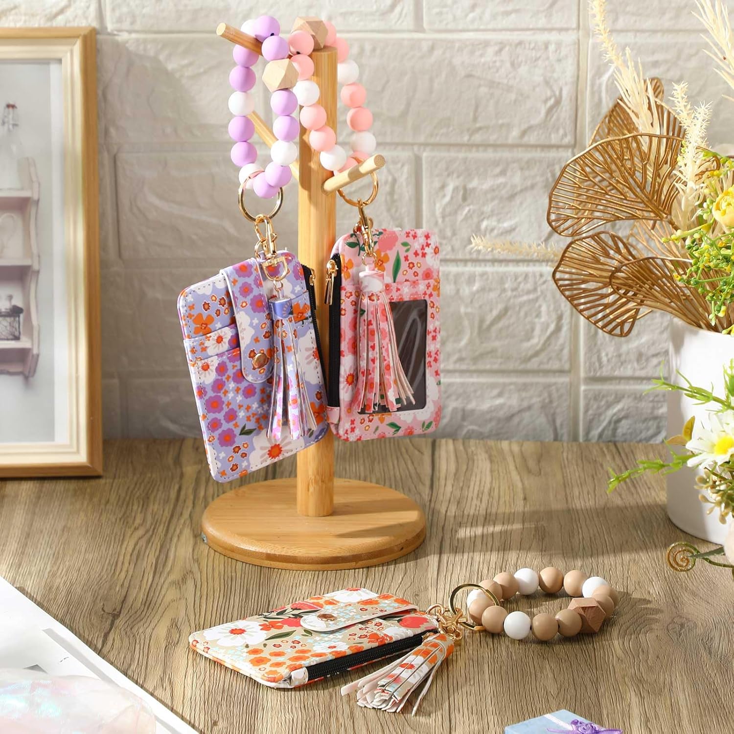 3 Pcs Boho Beaded Wristlet Keychain Wallet for Women Mother's Day Gift Floral Pattern Card Holder Tassel Bracelet