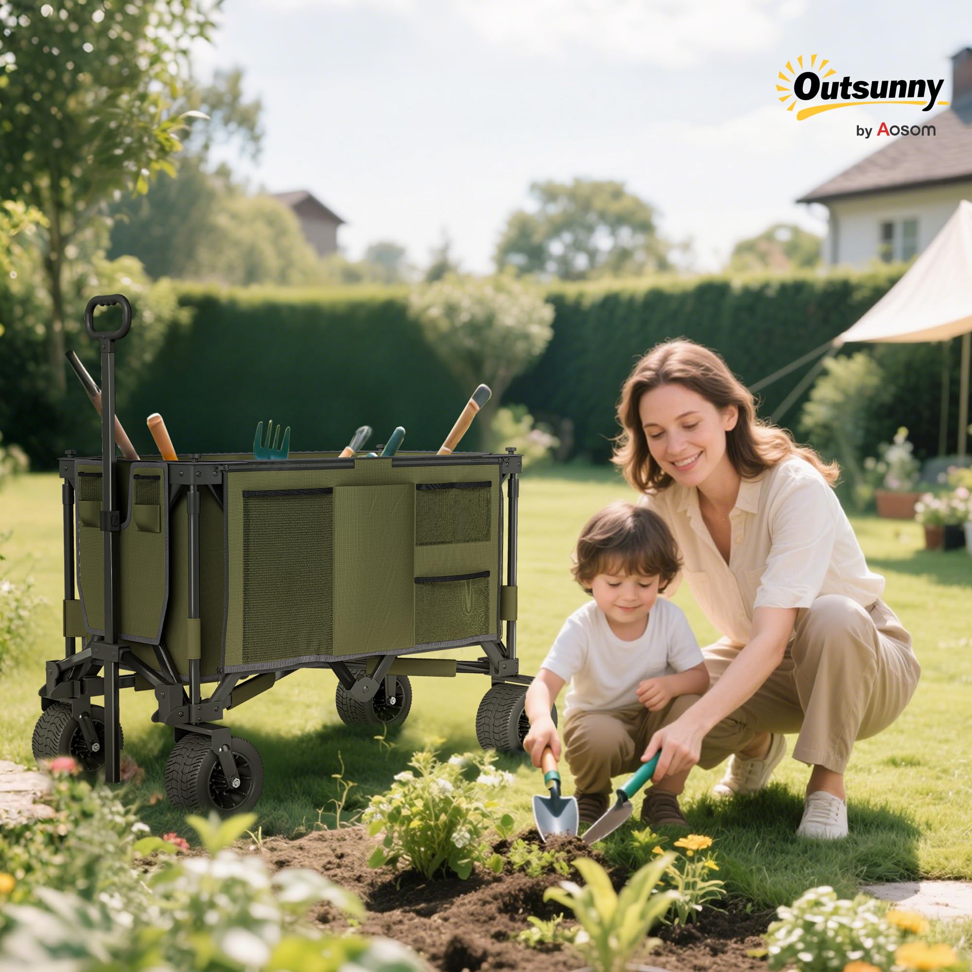 Outsunny Bollerwagen Faltbarer Handwagen mit Verstellbarem Griff Grün | Schwerlast Strandwagen, Taschen, Gartenwagen mit Breiten Drehrädern, Transportwagen bis 120 kg Belastbar