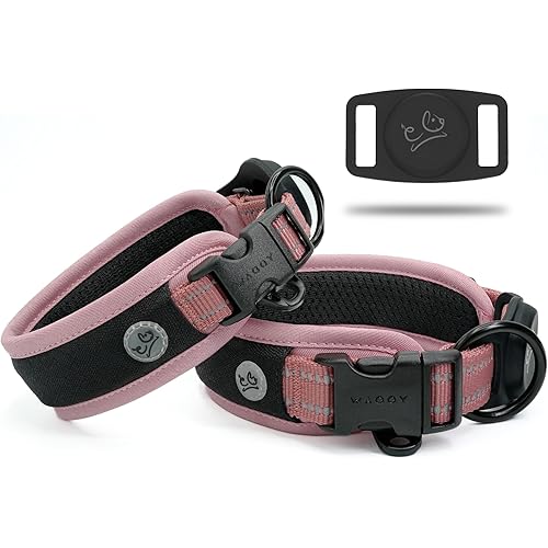 Premium AirTag Dog Collar - Aitag Dog Collar Holder – Reflective AirMesh Padded, Heavy-Duty Quick-Release Dog Collar, Adjustable Secure Fit - Small Medium Large Dogs (Pink, L)