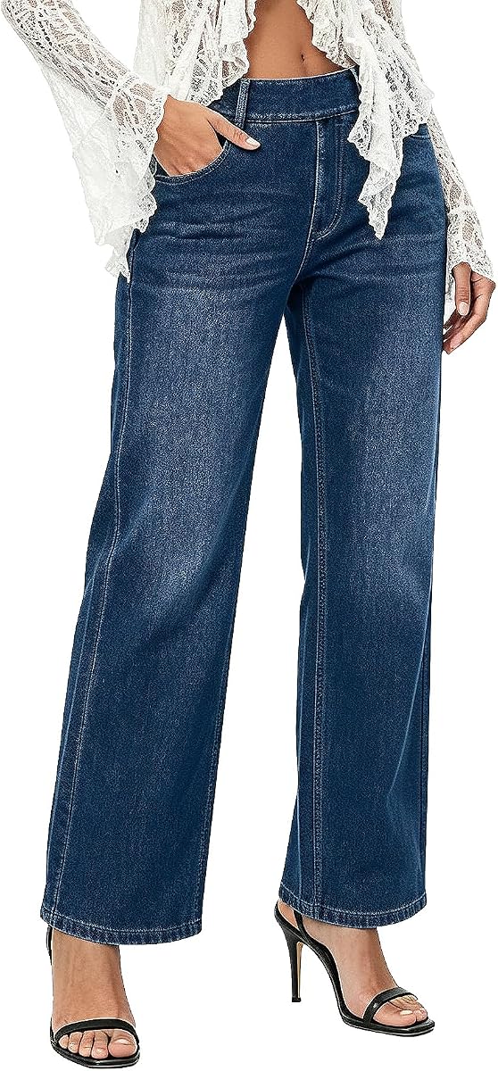 Vaqueros de pierna ancha para mujer, pierna recta, cintura alta, elásticos, vaqueros de moda