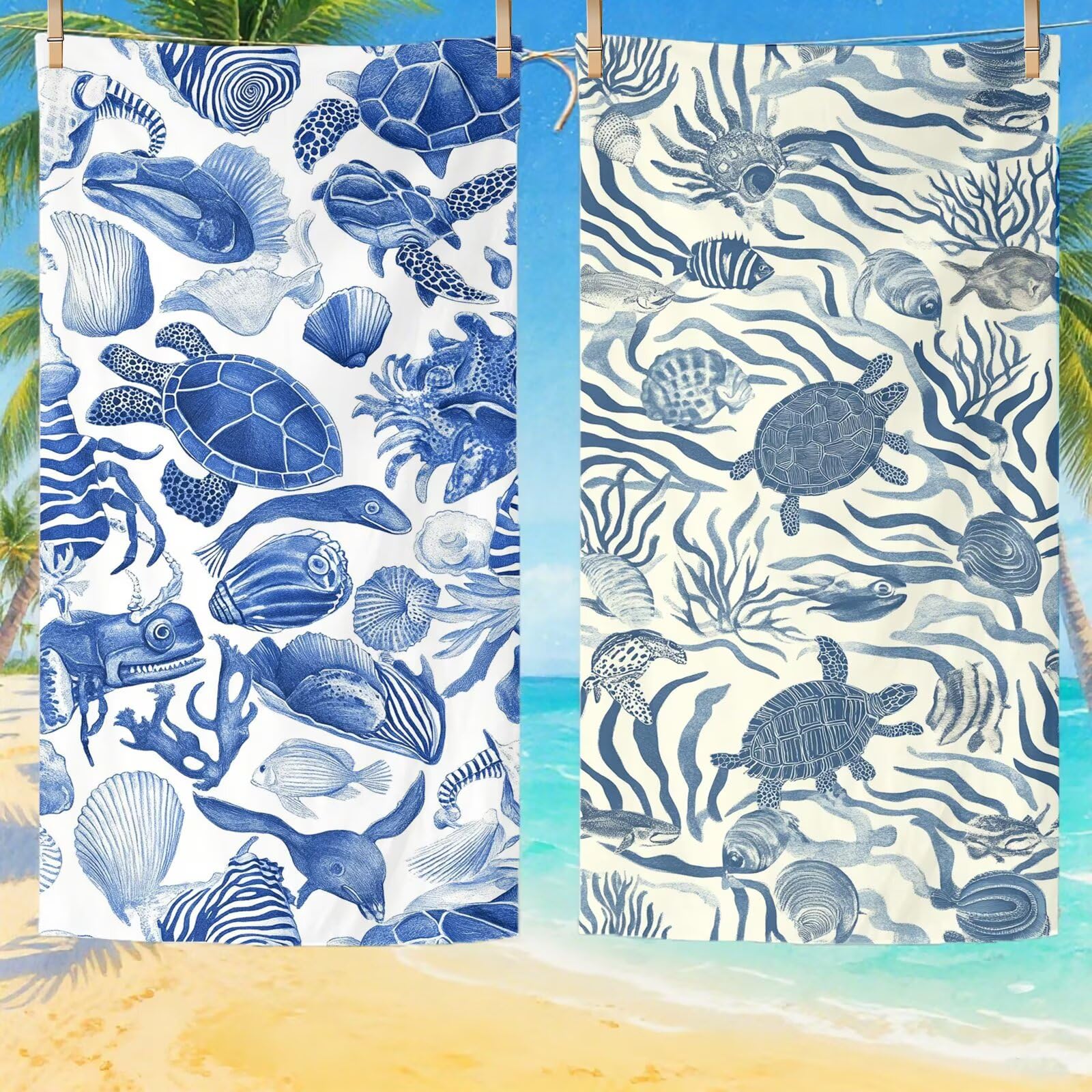 Serviette de Plage Microfibre Serviette Plage 80x180 2 Pack Séchage Rapide, Anti-Sable, Absorbante Fonction drap de plage xxl pour Bain Sport Voyages Sauna Piscine Yoga, avec Sac Tortues de mer Q-85
