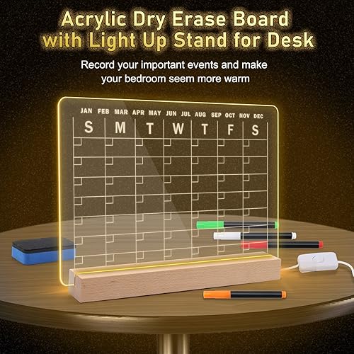 Miniatura 3 de Windsepeed - Pizarra acrílica de borrado en seco con soporte iluminado, calendario mensual de 13 x 9 pulgadas, calendario de escritorio incluye 4