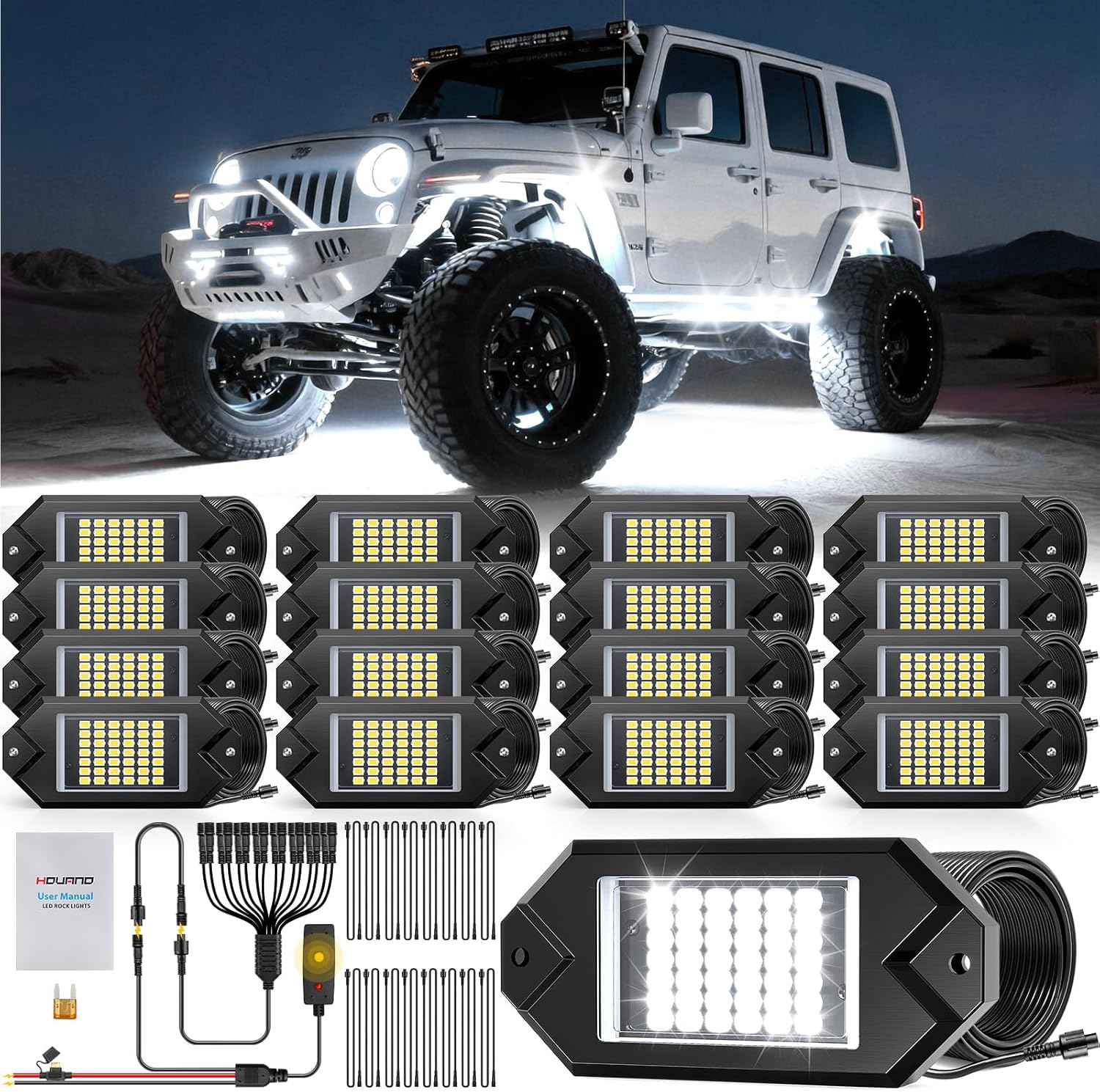 8Pods Alloy White Rock Lights Kits with Extension Wires,6000K Pure White Color 42 LED Super Bright Chips IP68 Waterproof Underglow Kit for Pickup Off Road Trucks SUV ATV UTV Golf Car Boat