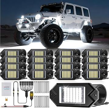 Hovano 16Pod Aluminum Alloy Housing White Rock Lights Kit | 42 LED Super Bright Chips,6000K ,Plug and Play 12V-24V,with switch wiring harness,IP68 Waterproof,For Trucks SUV ATV UTV Golf