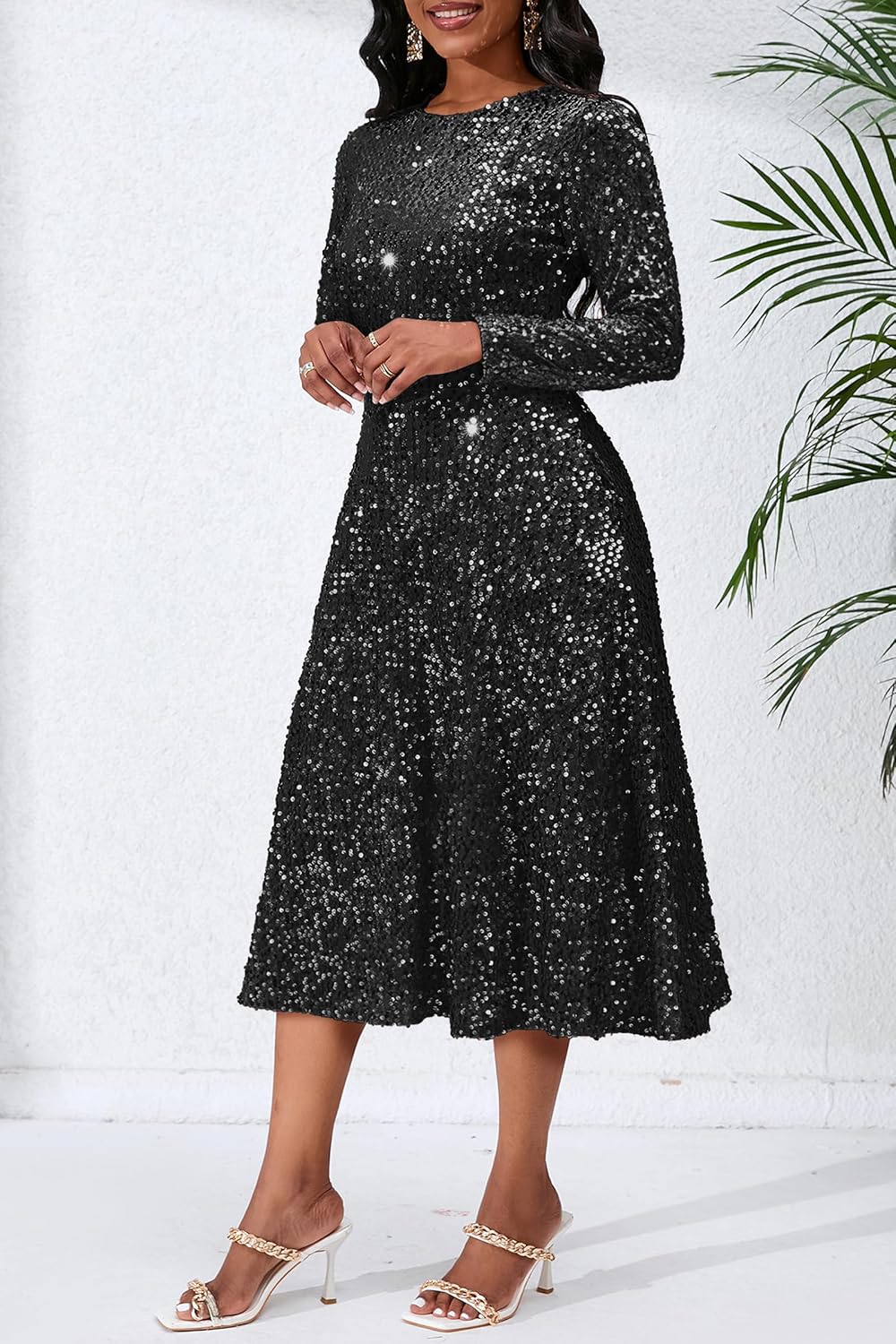 Long Sleeve Glitter Women's Maxi A-line Sparkly Party Evening Cocktai Elegant Sequins Dress - Image 5