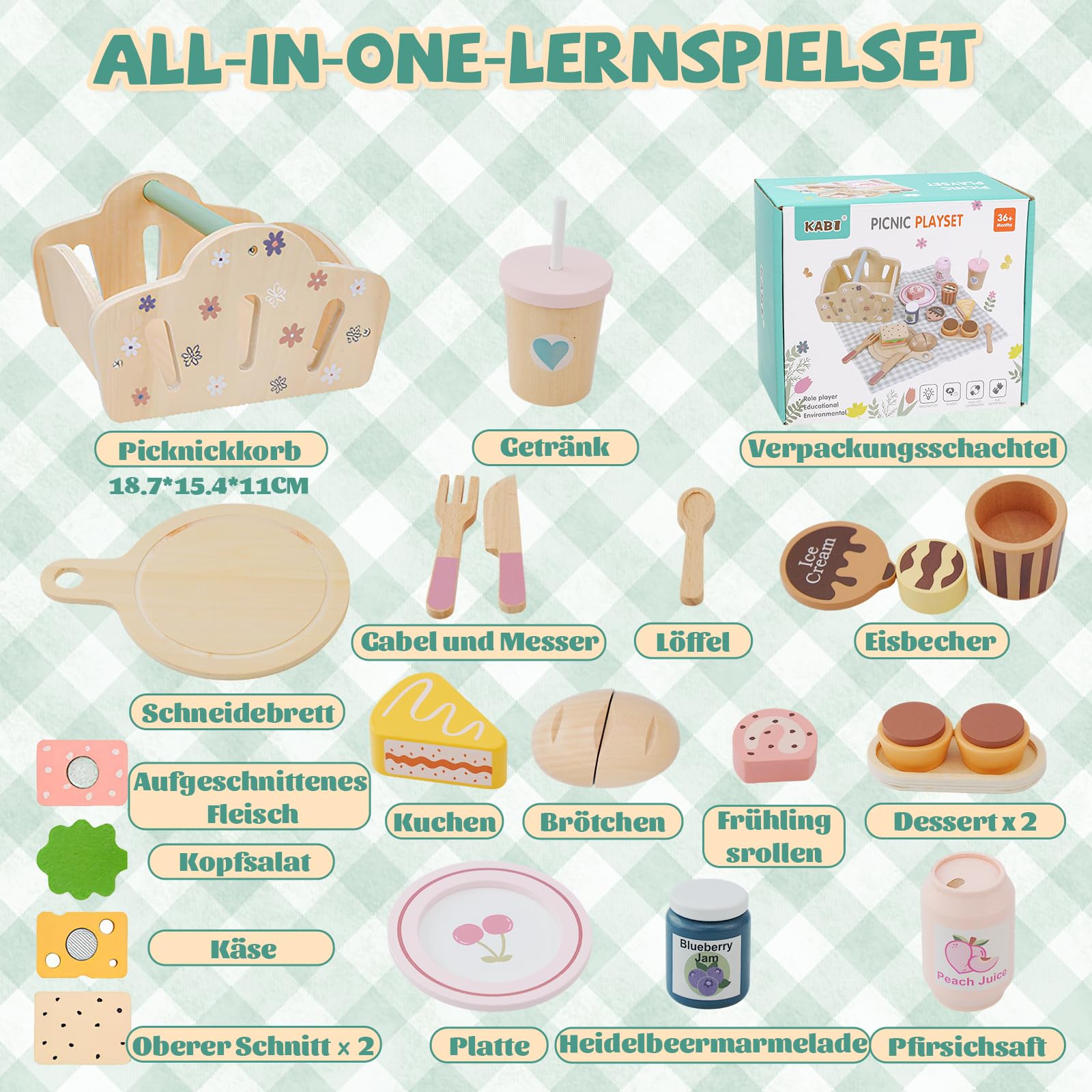 Potatomato Kinder Picknick-Set mit Teeservice Kinder inkl Dessertspielzeug - Holzspielzeug und Outdoor-Gartenspielzeug Jungen und Mädchen