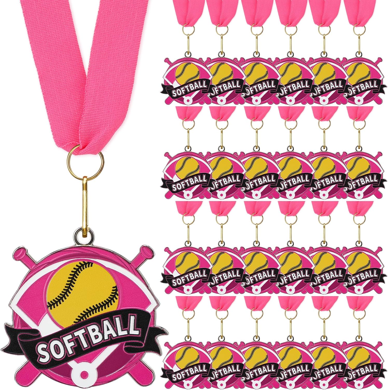 24 Pcs Softball Award Medals Bulk with Pink Neck Ribbons Team Awards Trophy for Sports Competitions Celebration Prize Gift Souvenir Tournaments Match