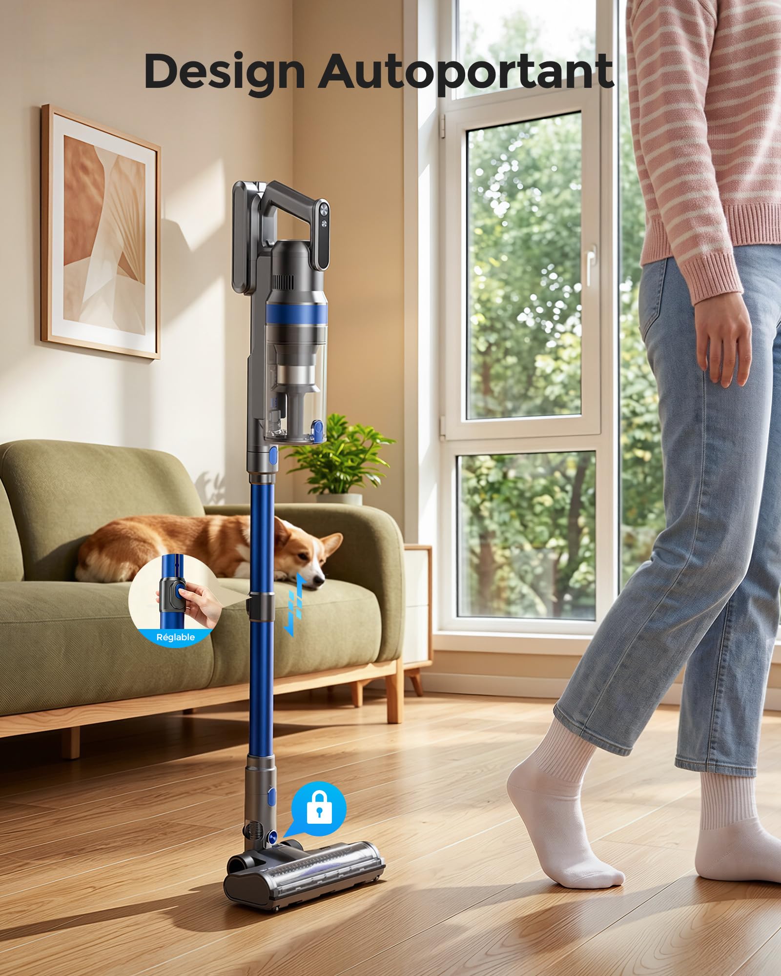 Aspirateur Balai sans Fil, 50Kpa/60Min Léger Aspirateur sans Fil, Auto-Stable, Brosse Anti-enchevêtrement, Écran LED Intelligent, pour Poils d'animaux, sols durs et Tapis,Bleu