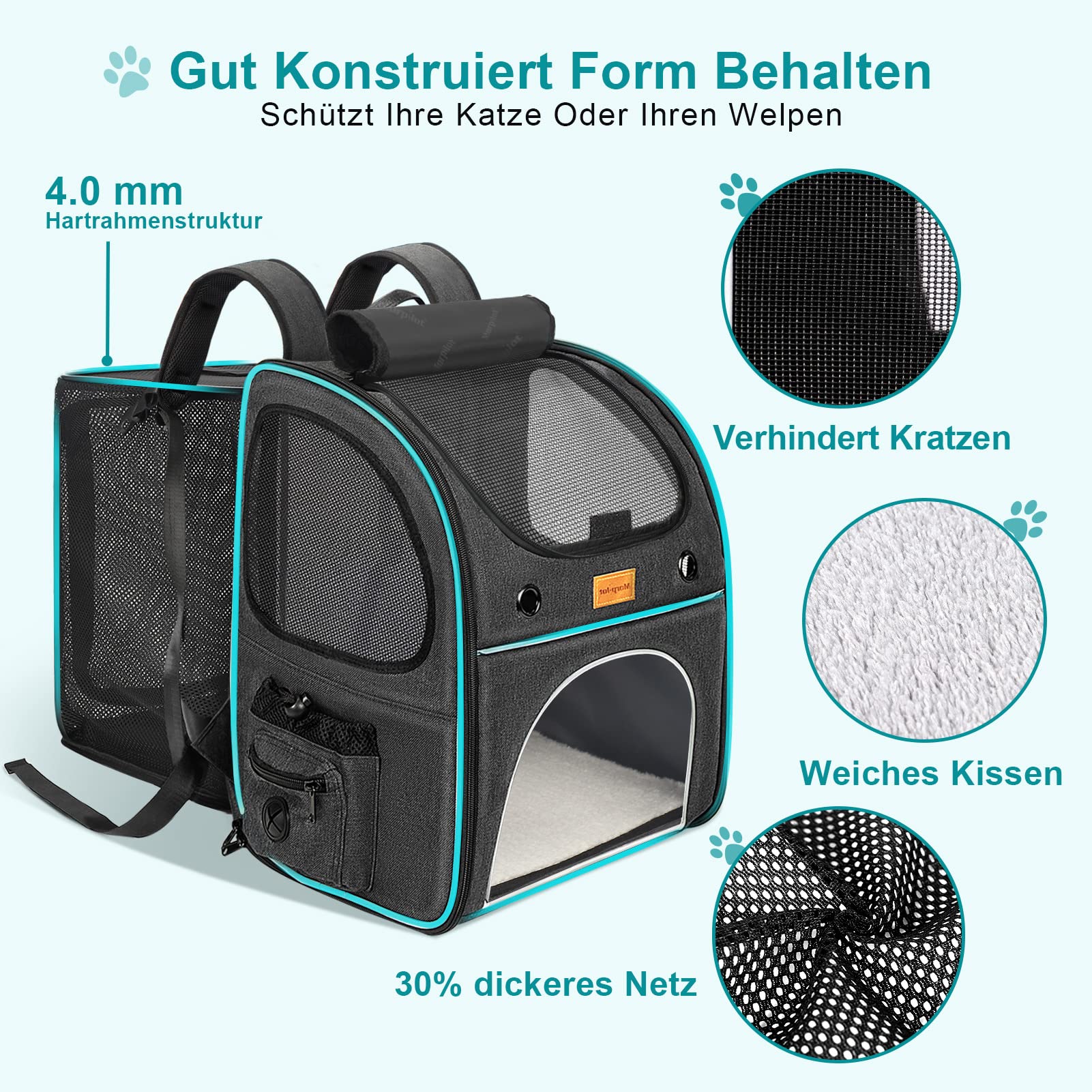 Morpilot Katzenrucksack Große Katzen, Erweiterbar Hunderucksack bis 8 kg Katzen Rucksack Groß für Kleine Hunde Faltbare mit Innerer Sicherheitsleine und Haustiermatte 35x29x42cm, Dunkelgrau