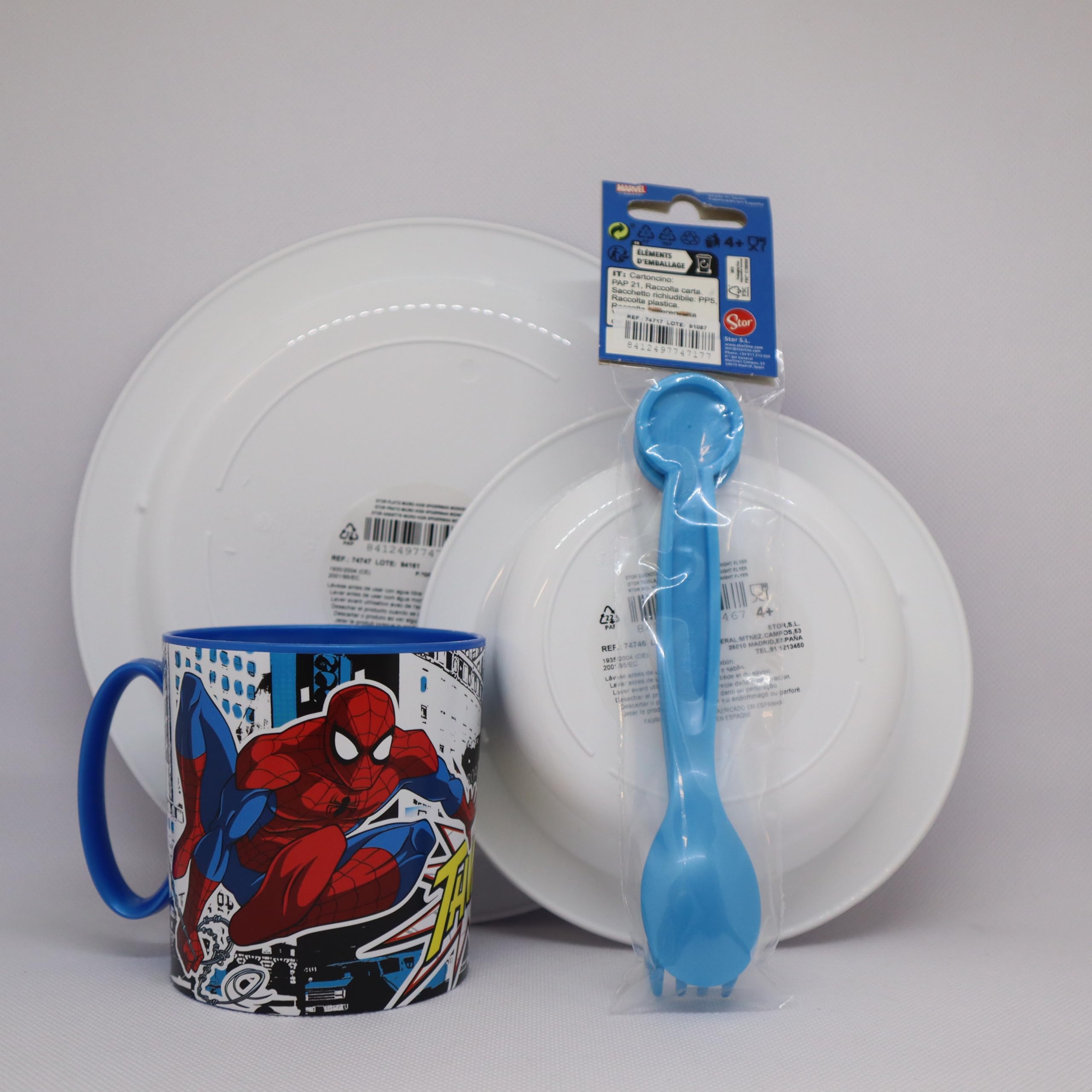 Set Piatti Bambini, Set pappa, Stoviglie bambini riutilizzabile per asilo, scoula, piatto, ciotola, posate, tazza 350ml, Set piatti in plastica dura, Spiderman