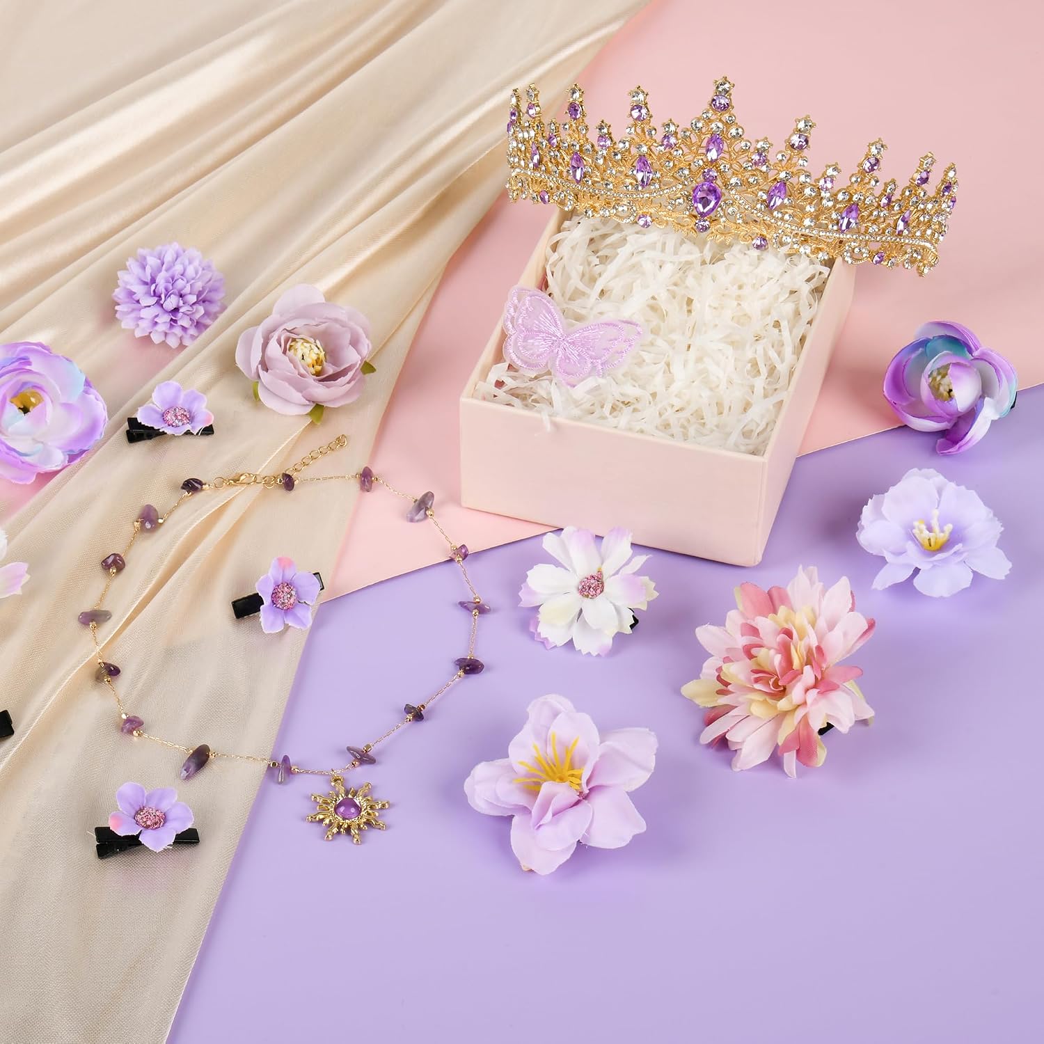 Princess Costume Accessories Set for Women Purple Gold Rhinestone Tiara Crown with Sun Necklace, 18 Pcs Purple Hair Clips for Birthday, Halloween Cosplay, Wedding