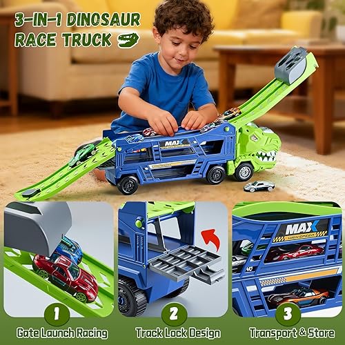 Miniatura 3 de Camión de dinosaurio de juguete para niños de 3 a 5 años  Camión transportador con 6 autos fundidos a presión, camión 3 en 1 con 2 pistas de