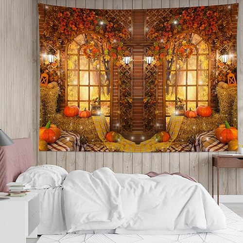 Miniatura 3 de HVEST Tapiz de otoño para colgar en la pared, diseño rústico de calabaza, Acción de Gracias, bosque de arce, paisaje natural para sala de estar