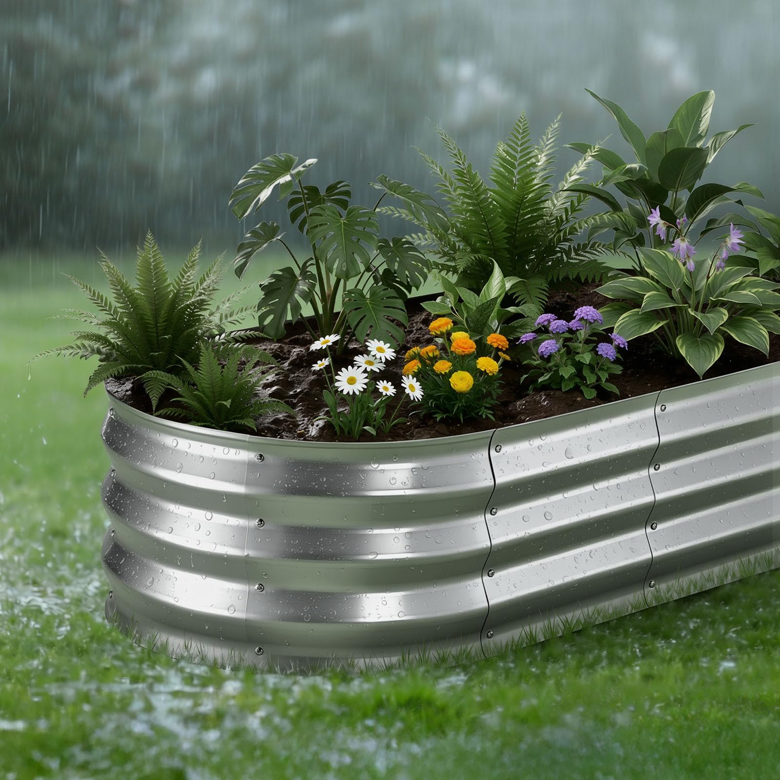 VEVOR Potager Surélevé Métal 120x60x30 cm Carré Potager Surélevé Lot de 2 Lit de Jardin Ovale pour Extérieur Culture Fruits Légumes Fleurs, Fond Ouvert, Galvanisé Aluminium-Zinc, avec Gants, Argenté