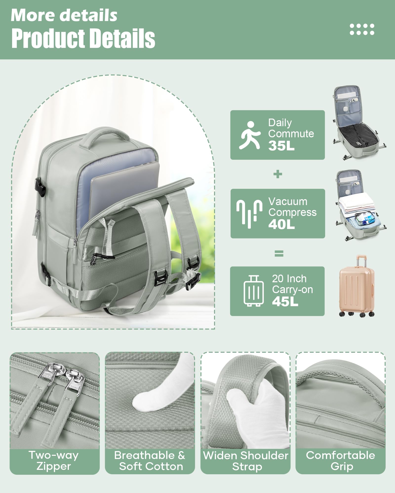 suradar Vakuum Rucksack Handgepäck Vacpack, Vacuum Backpack Travel Airbag Rucksack mit Vakuumsystem für Easyjet Handgepäck 45x36x20 für Flugzeug Reiserucksack Vakuum Herren und Damen Grasgrün