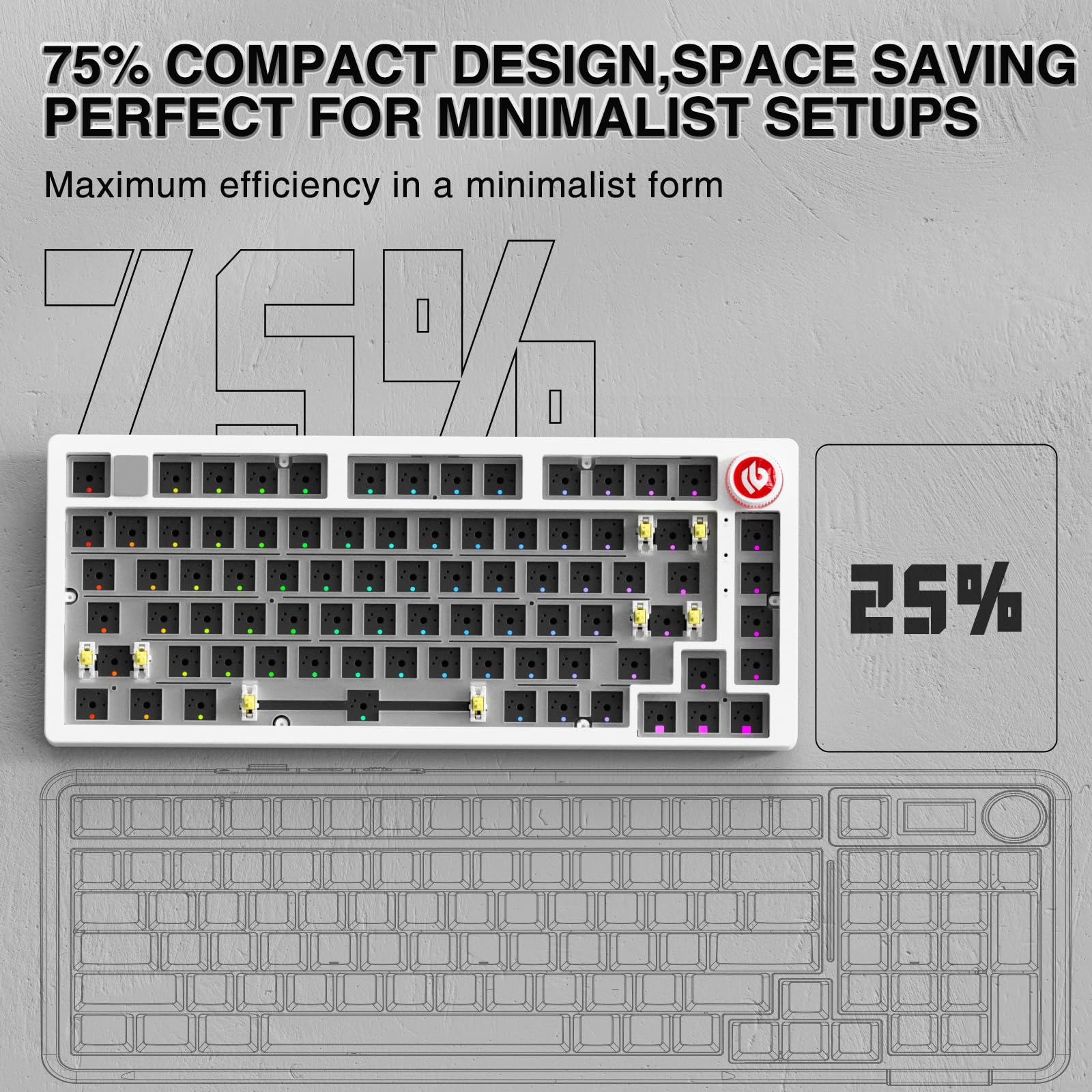 CORBOBO LEOBOG Hi75C - Kit de teclado mecánico con cable mejorado – Montaje de junta de aleación de aluminio 75% base barebones DIY con intercambio en caliente, retroiluminación RGB y perilla de
