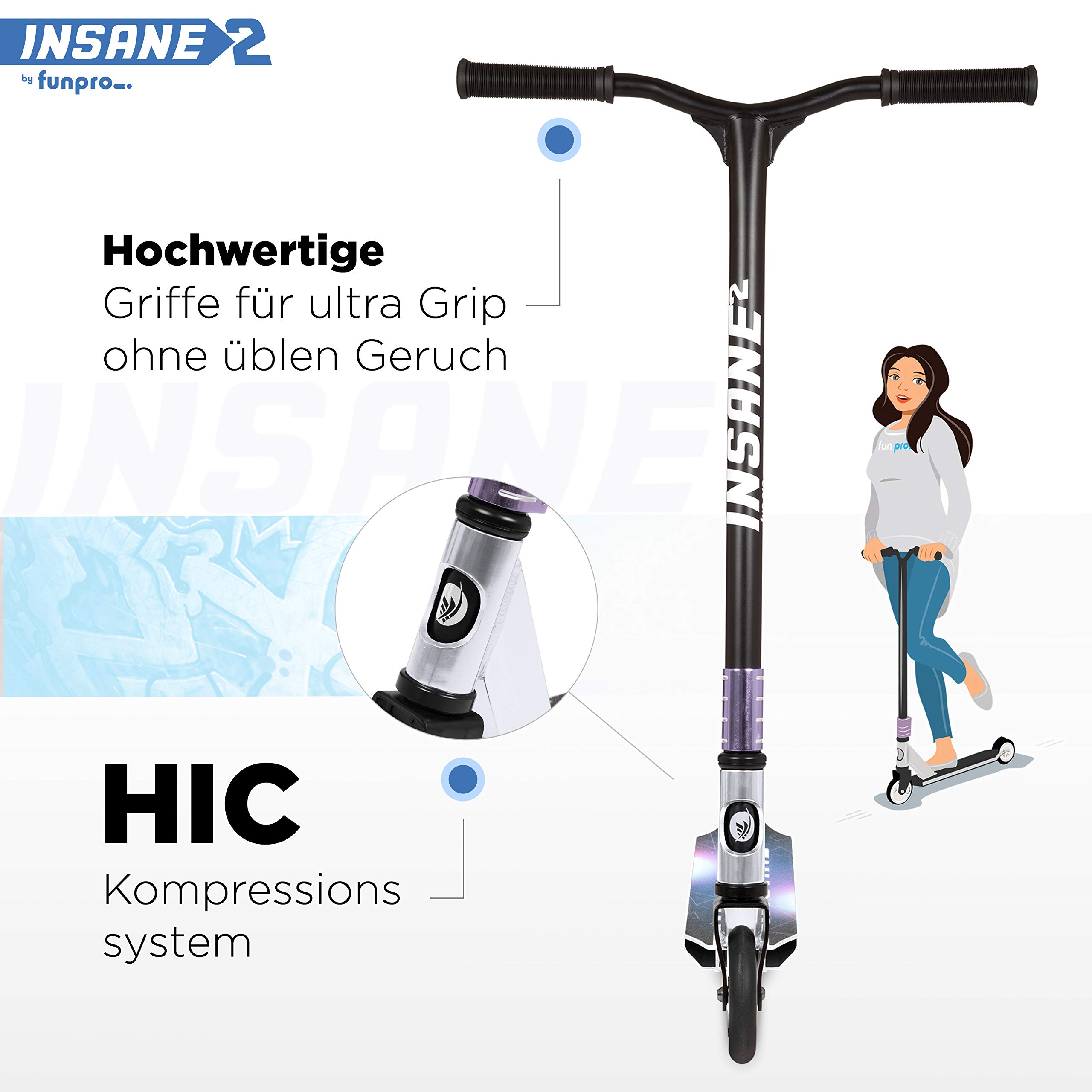 Fun Pro Insane2, Scooter acrobático hasta 100 KG, 36 Meses de garantía, ABEC9, HIC, Ruedas de 110mm con núcleo de Aluminio, Distribuidor de Hamburgo (Stunt Fun Trick Scooter)