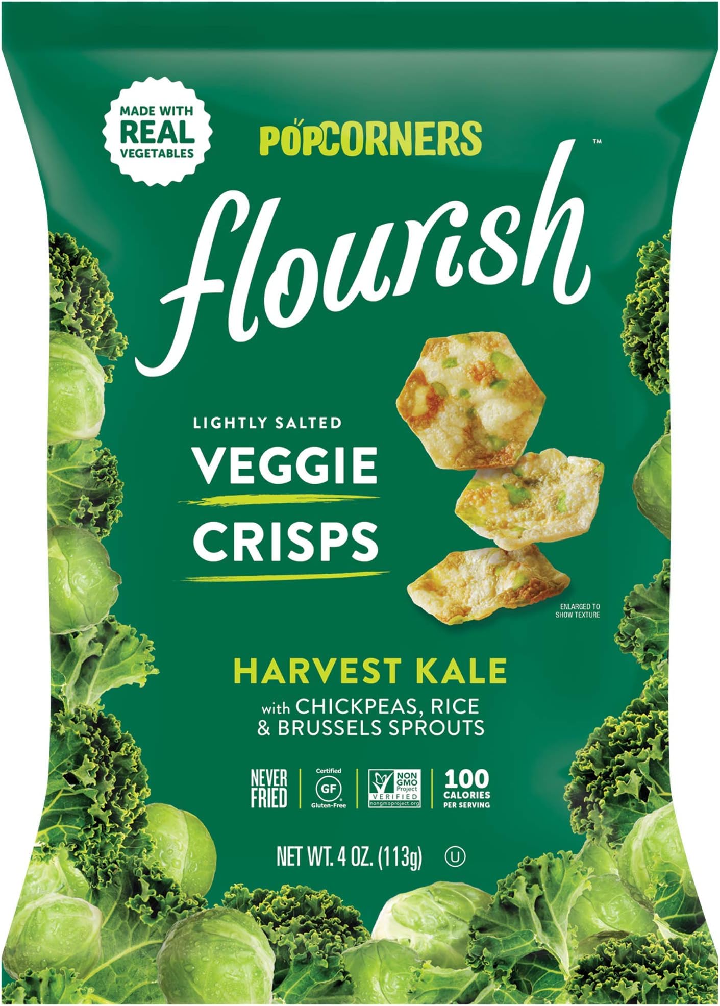 Popcorners Flourish Harvest Kale Veggie Crisps | Plant-Based Protein, Gluten Free Snacks | (12 Pack, 4 oz Snack Bags)