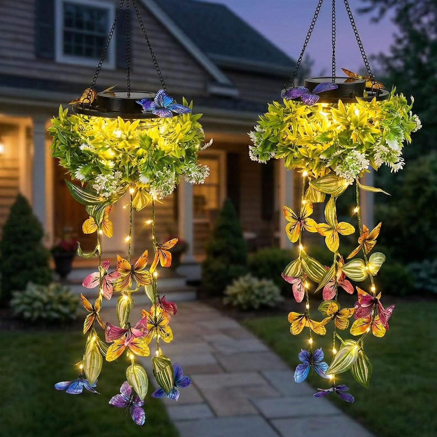 AVEKI Solar Hanging Garden Lights, Gifts for Mom, 2 Pack Waterproof Solar Lights Outdoor Decor with Artificial Butterfly & Flower, Outdoor Garden Decor for Patio Yard Porch Fence Pathway (Butterfly)