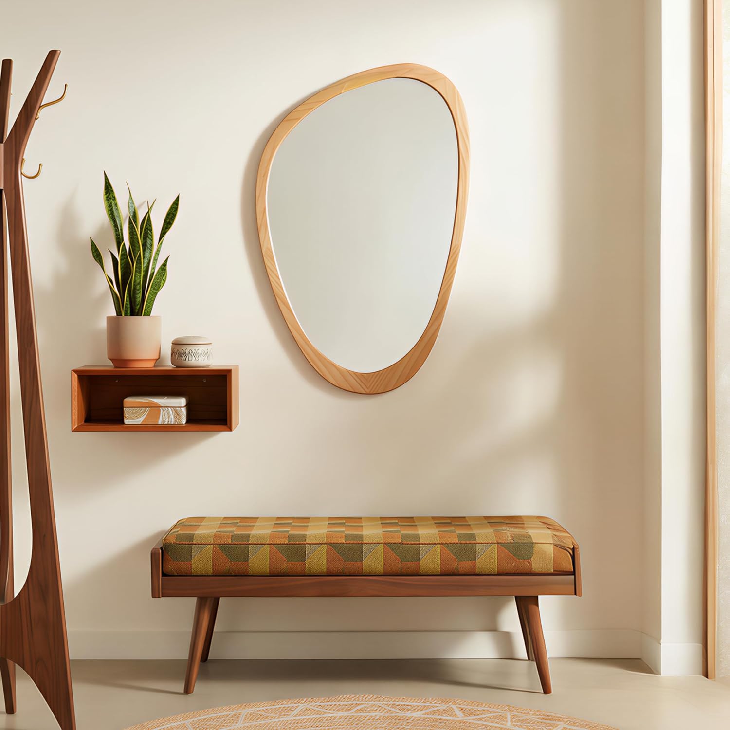 PERFNIQUE Asymmetrical Mirror, Irregular Wall Mirror, 30"x19" Tempered Glass Wood Framed Mirror for Mid Century Modern Decor, Decorative Mirrors for Bedroom, Living Room, Entryway, Vanity