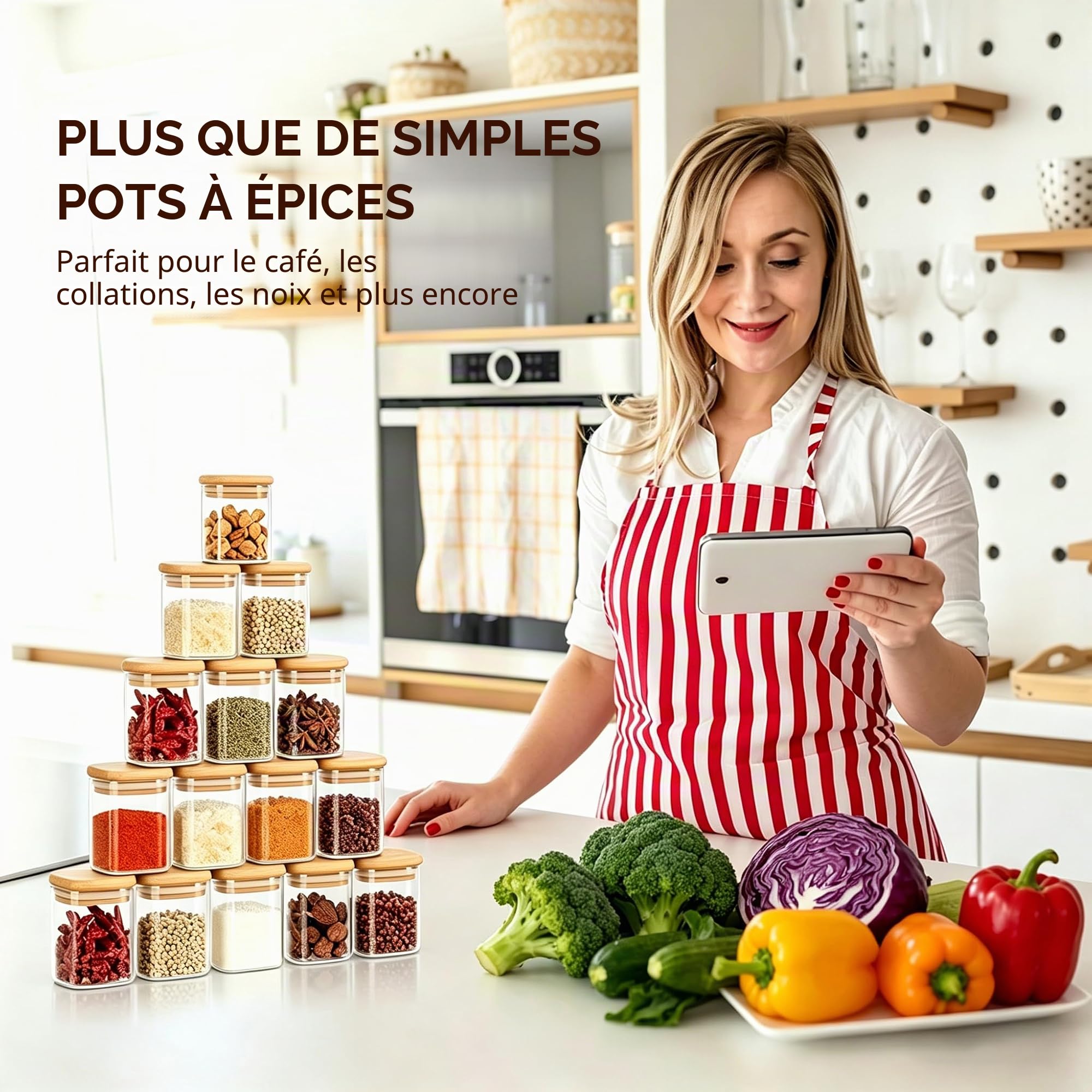 Lot de 12 bocaux à épices avec couvercles en bambou, contenants carrés en verre de 227g pour assaisonnement avec 45 étiquettes et marqueurs DIY, bocaux en verre hermétiques pour l'organisation et le