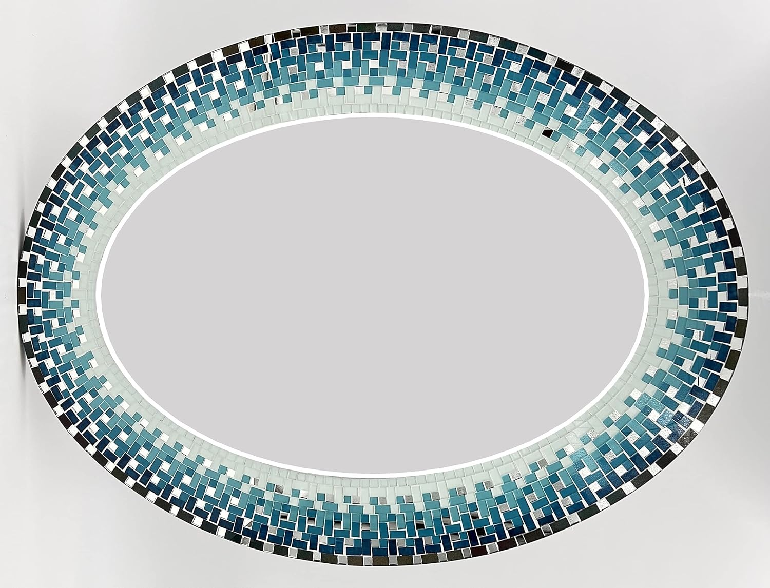 Wall Art Décor – Handcrafted Decorative Wall Mirror, Deep Blue, Teal, and White Mosaic, 32” x 24” Oval Shape for Hallway, Bedroom, Bathroom, Living Room
