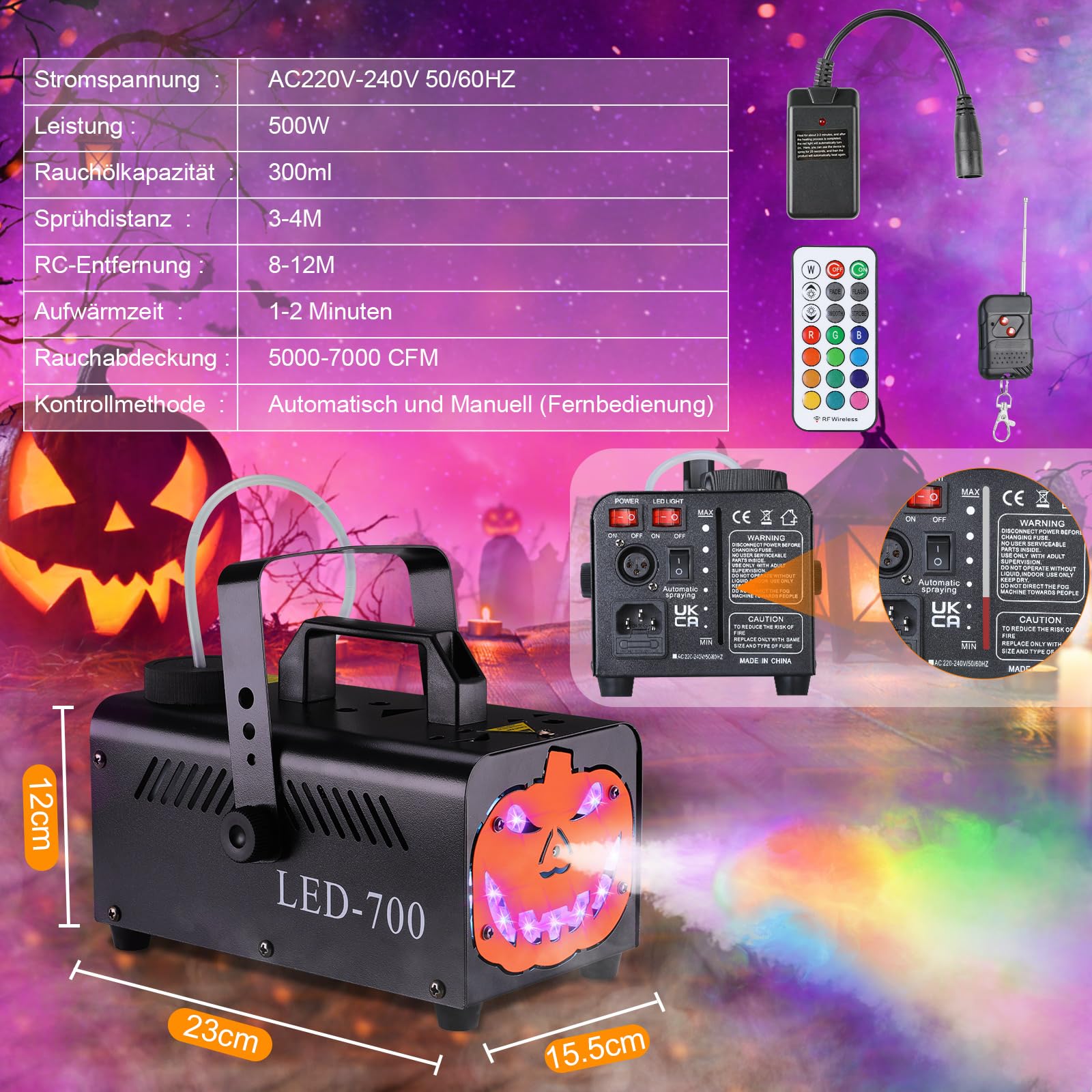 MAMIZO Machine à Fumée Halloween à Citrouille, avec 9 LED RGB et 13 Couleurs, 5000 CFM Fumée Halloween, Machine à Brouillard avec Fonction Auto-Spray, Portable, pour Halloween, Noël et Fêtes