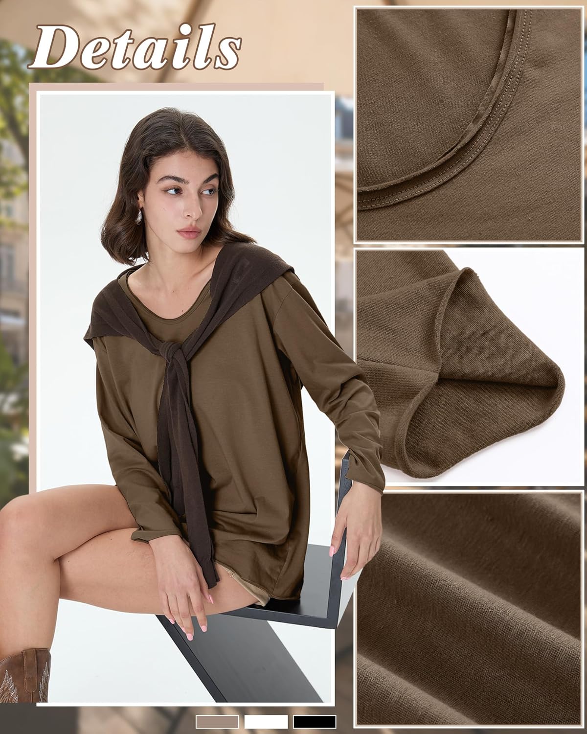 3 Pack Women's Oversize Tops, Long Sleeve Cotton Shirts V Neck Basic Unfinished Edge Tees Casual Loose Fall Tops - Image 3
