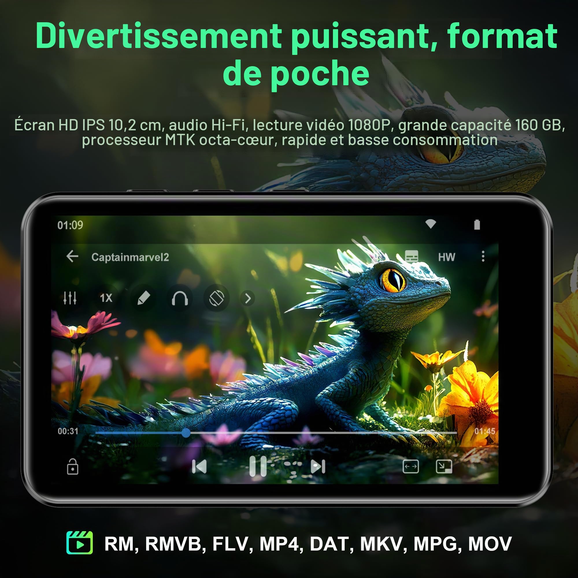 Lecteur MP3 SWOFY D08 32GB sous Android 13, écran Tactile 4 Pouces. Doté du Bluetooth et du WiFi, il Prend en Charge Spotify, Audible, Play Store et la Radio FM. Capacité Extensible Jusqu’à 1 to