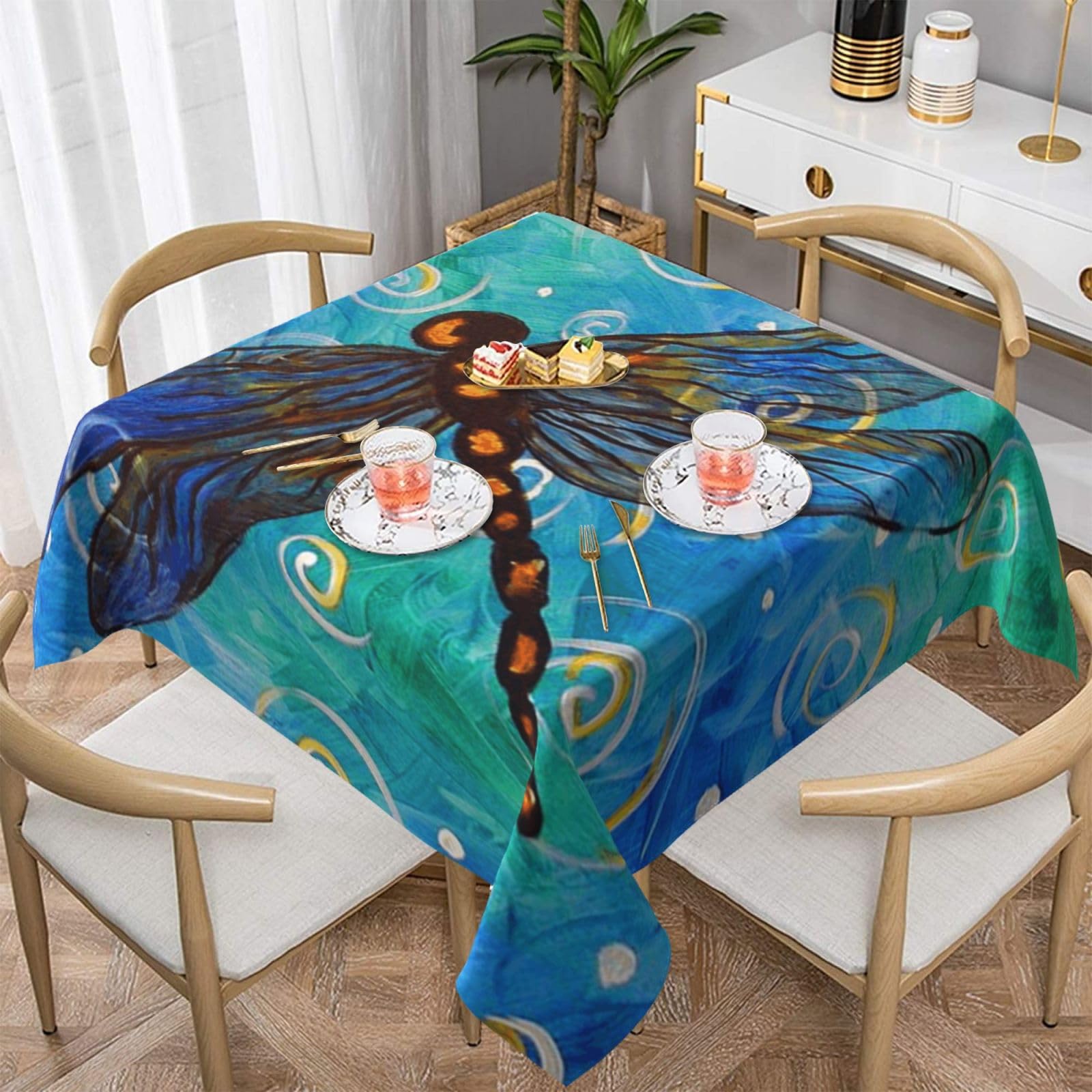 DCEHGEW Blue dragonfly Prints Square Tablecloth 152x152 CM, Waterproof Fabric Table Cloth for Dining Table, Farmhouse Table Cover for Kitchen Dining Tabletop Decoration
