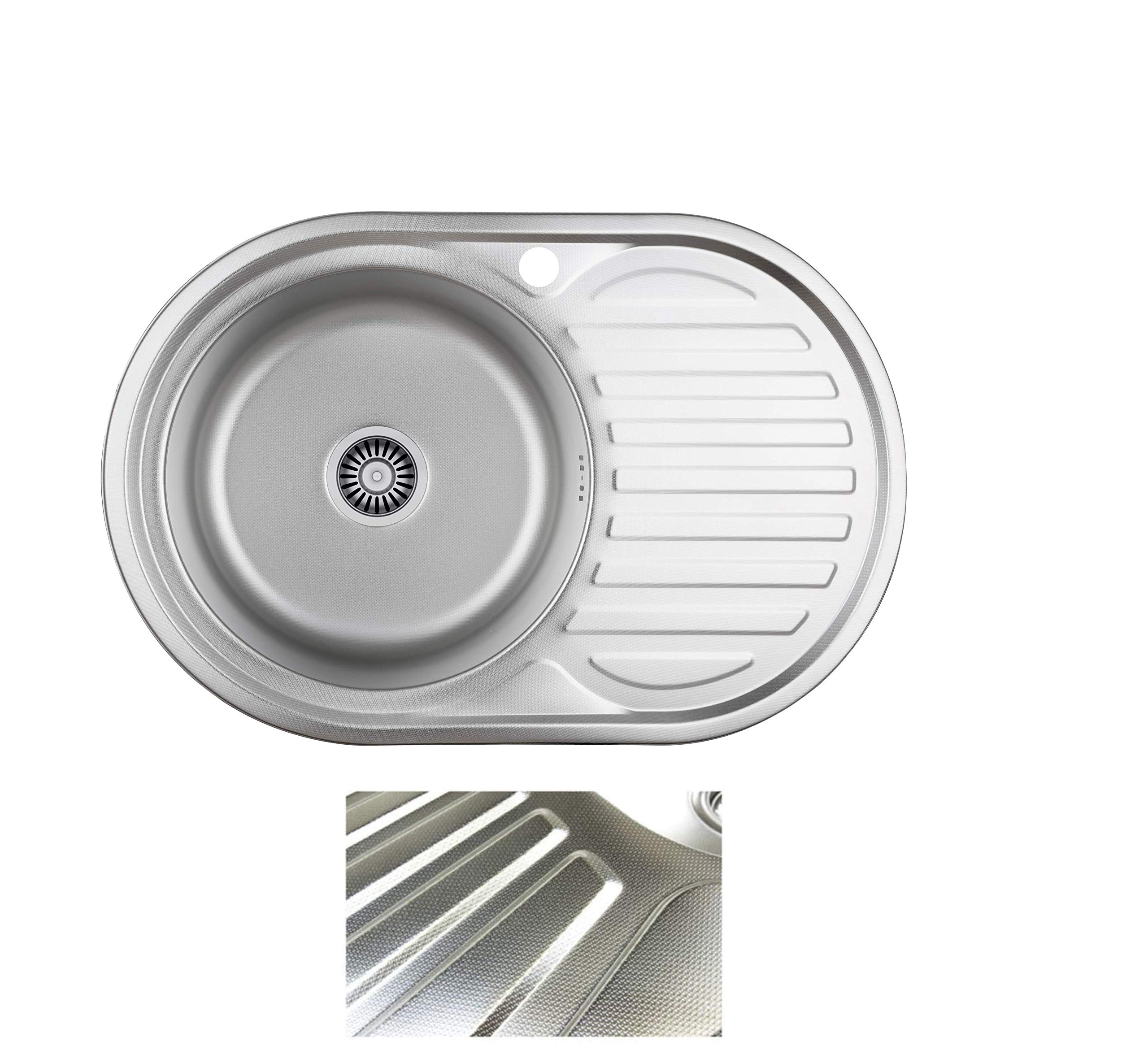 VBChome Fregadero empotrable, 77 x 50 cm, estructura de lino, a partir de 45 cm, acero inoxidable, superficie de estante, escurridor a la derecha, rectangular, para camping, desagüe sifón