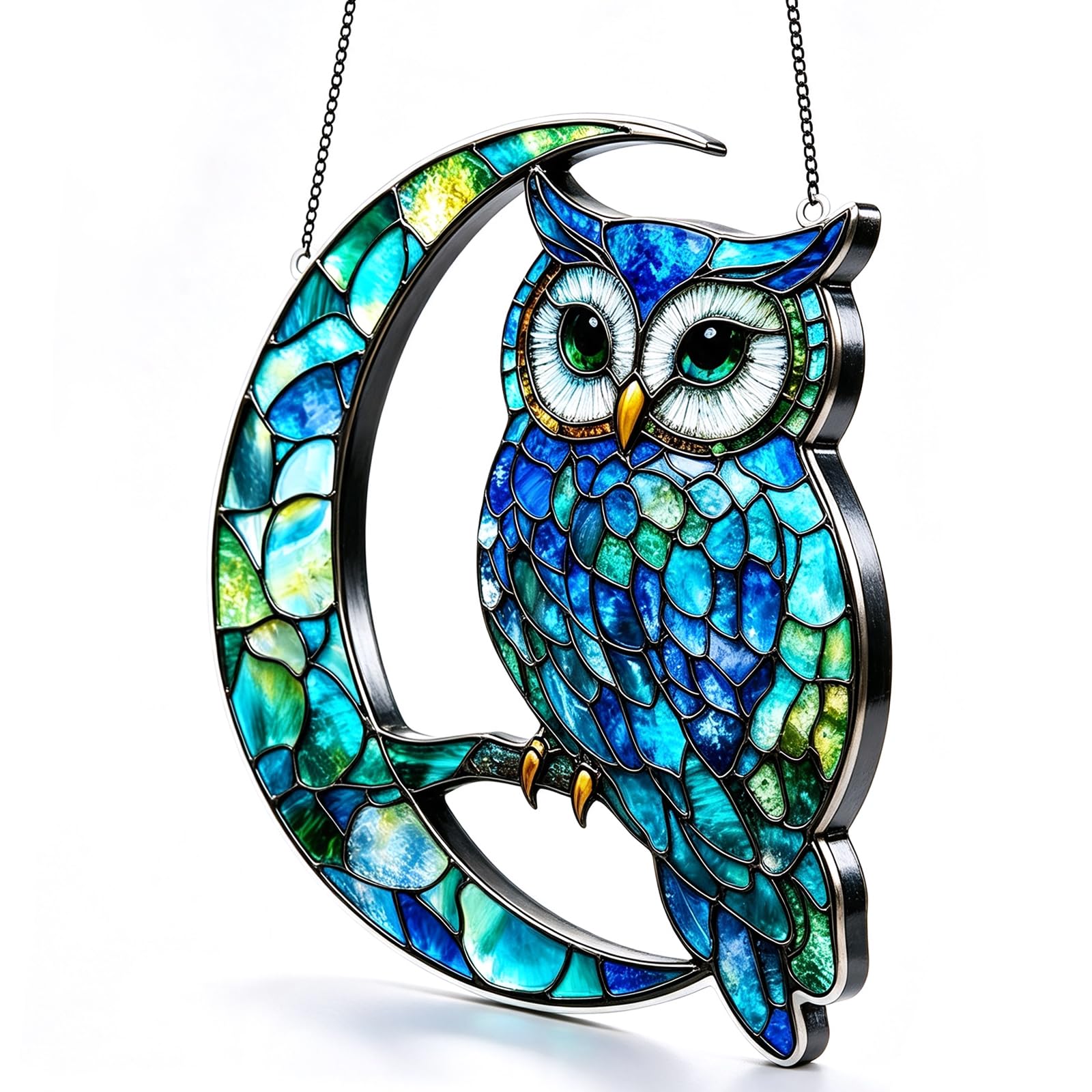Blue Owl Suncatcher, Stained Glass Style Hanging Garden Ornaments Outdoor, Acrylic Moon Sun Catchers for Windows, Garden Fence Decorations, Outdoor Wall Art Decor Gifts for Women and Family
