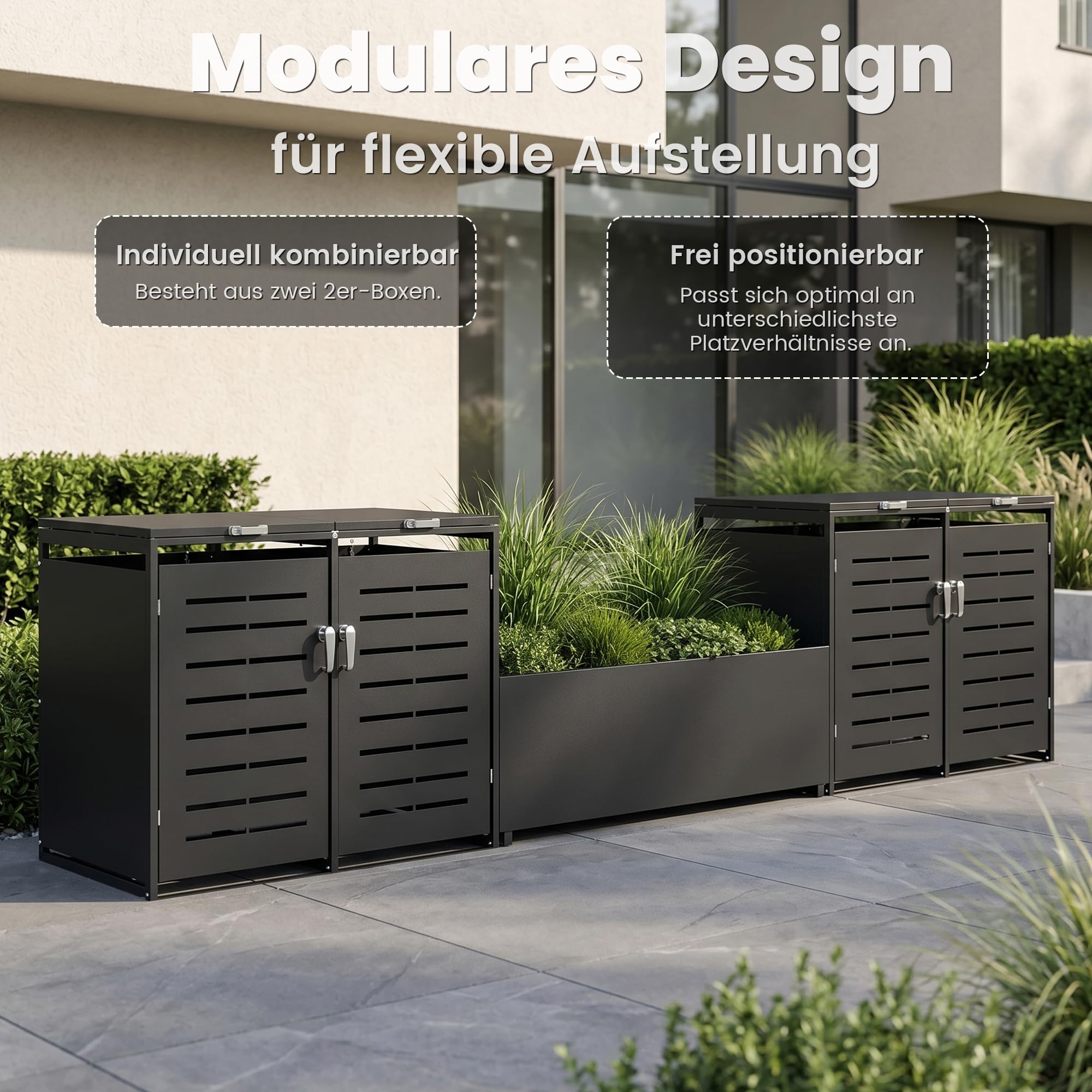 Mülltonnenbox 4er 240L Verzinkter Stahl, Wetterfeste Mülltonnenverkleidung mit Gasdruckfedern & Müll-Aufkleber, Anthrazit (Lieferung: 4 Pakete, 2X A+2X B)