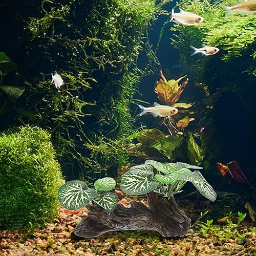 Vista 21 de Rama de esquina de reptil, rama de árbol trepadora de resina con hojas, plantas de terrario, ramas, peces, tortuga, tanque de decoración