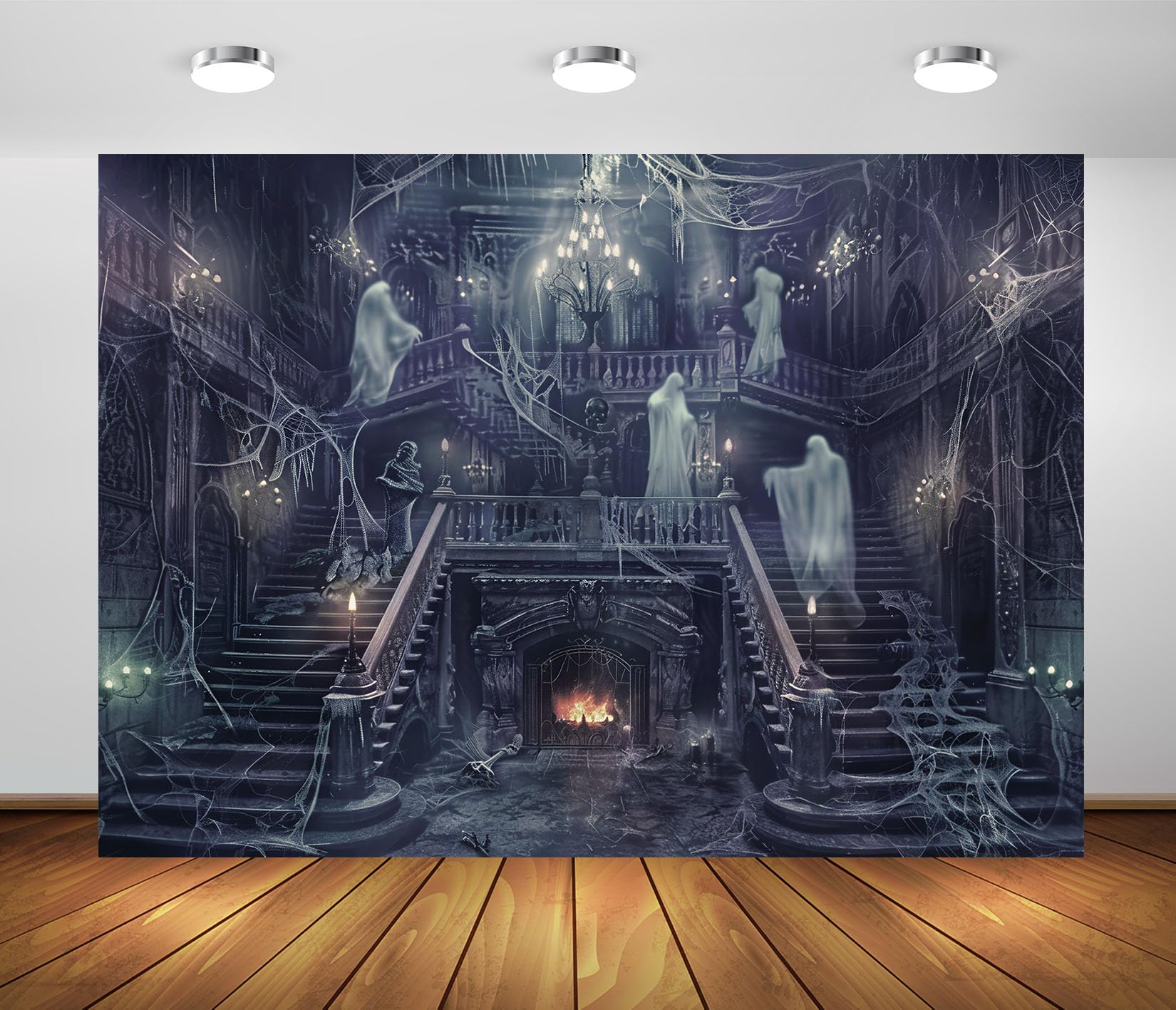 12x10FT (3.6x3m) Scala Grigia Di Palazzo Abbandonato Fondale Fotografico | Residenza Infestata Polverosa Sfondo In Tessuto,Fantasmi Ragnatele Ringhiere E Camino,Halloween,Photo Booth