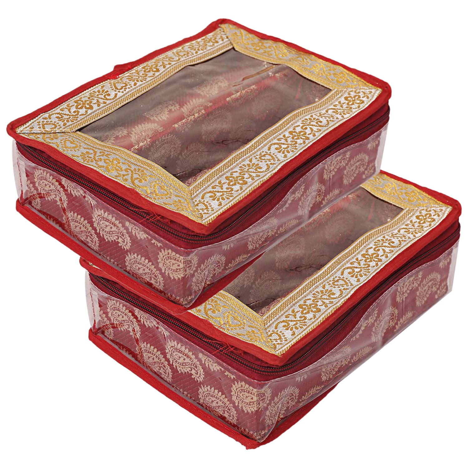 Kuber Industries Carry Design Laminated 2 Rod Box, Organizer For Bangle, Watches, Bracelets, Jewellery With Tranasparent Top - Pack of 2 (Red)-47KM0128