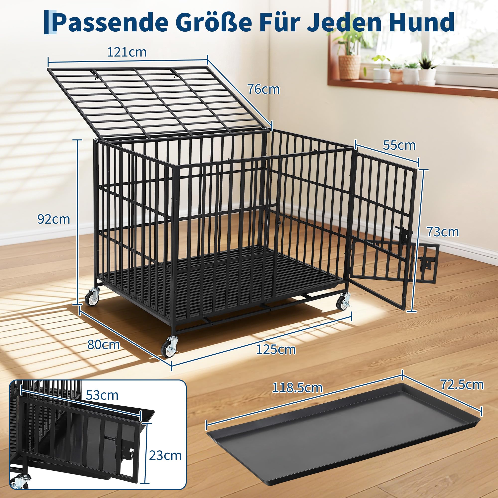 Hundekäfig Hochbelastbar Hundebox Gitterbox 125 * 80 * 92 cm für große Hunde mit Doppeltüren, 4 Verriegelbaren Rädern, Abnehmbarer Schale und Stabiler Sicherheitsverriegelung
