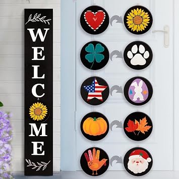 Perfnique Welcome sign for front porch standing, 47 x 7.9 Inch Wooden Leaner Sign with 10 Interchangeable Designed Icons, Seasonal Decor for Spring Easter Fall ChristmasBlack